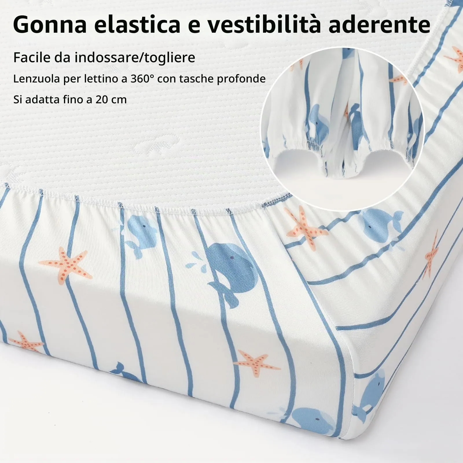 Fiemol Lenzuola Lettino 120x60 cm, Confezione da 3 Coprimaterassi per Lettino Neonato, Lenzuola con Angoli Elasticizzate in Microfibra Ultra Morbida e Setosa, Azzurro e Balena - immagine 5