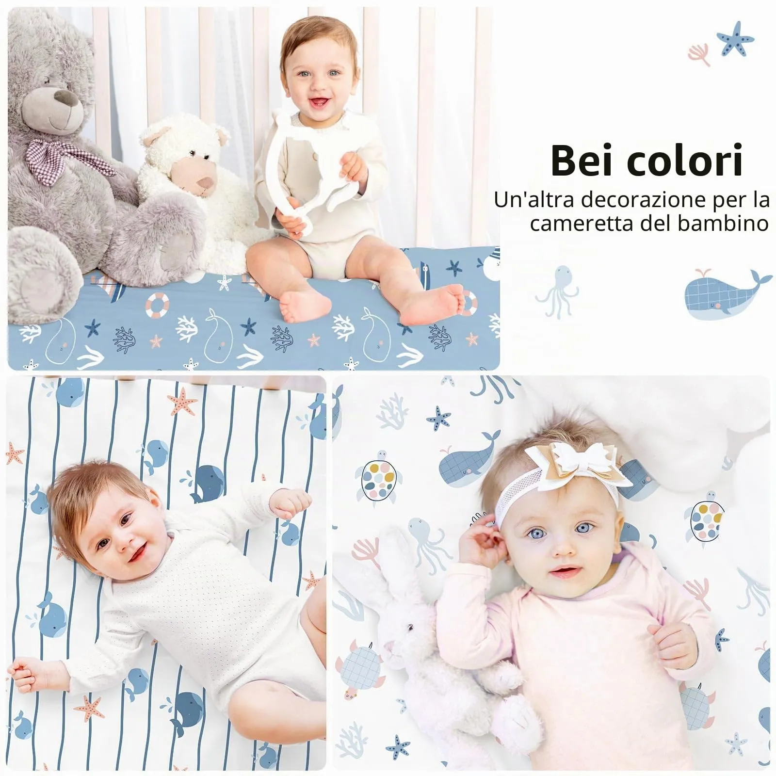 Fiemol Lenzuola Lettino 120x60 cm, Confezione da 3 Coprimaterassi per Lettino Neonato, Lenzuola con Angoli Elasticizzate in Microfibra Ultra Morbida e Setosa, Azzurro e Balena - immagine 6