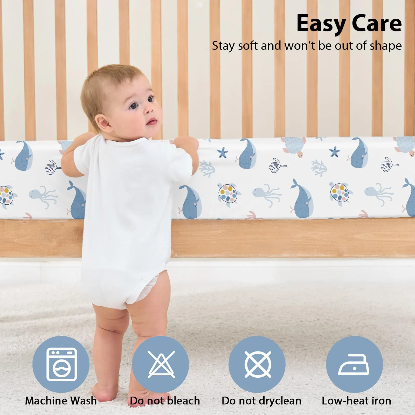 Fiemol Lenzuola Lettino 120x60 cm, Confezione da 3 Coprimaterassi per Lettino Neonato, Lenzuola con Angoli Elasticizzate in Microfibra Ultra Morbida e Setosa, Azzurro e Balena - immagine 7