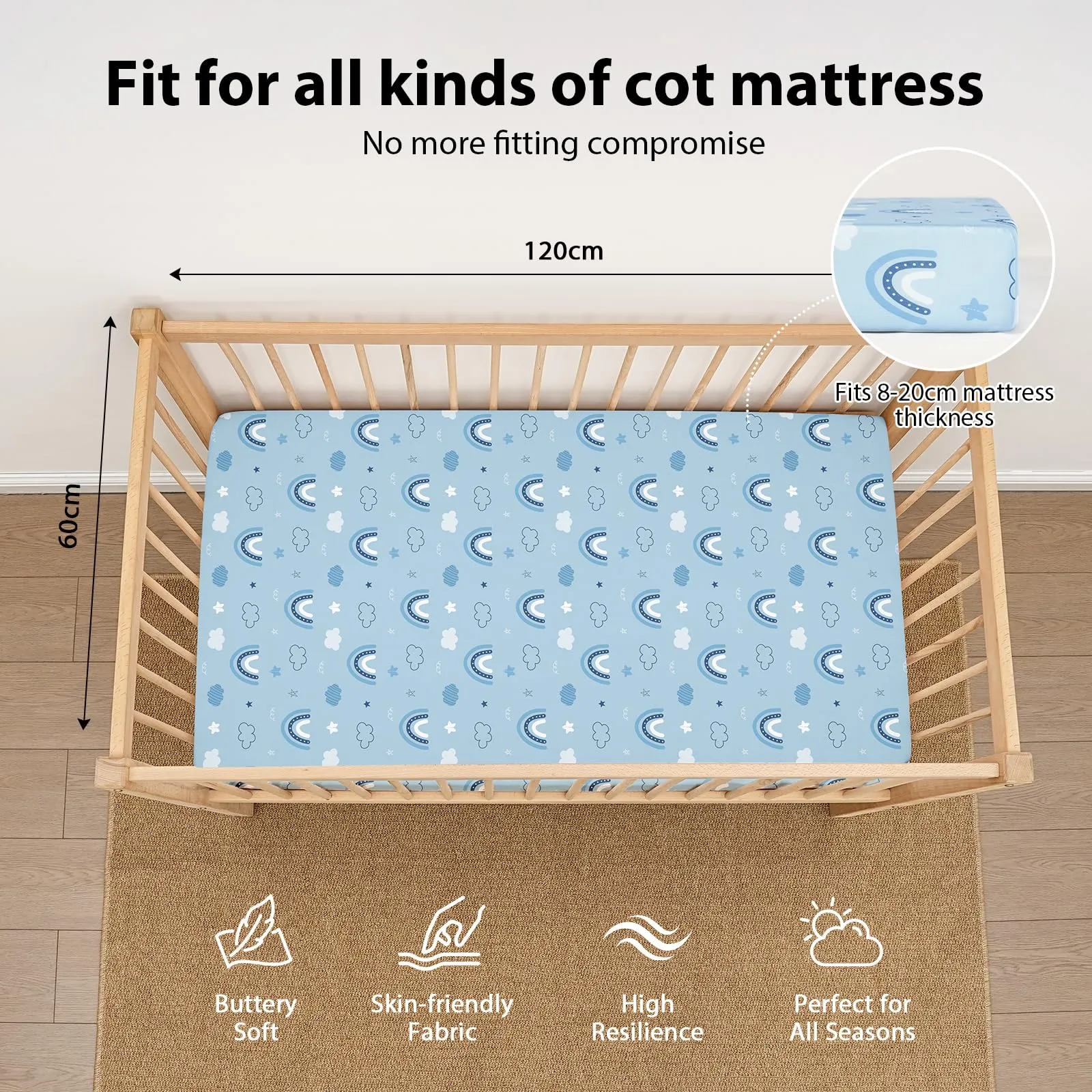 Fiemol Lenzuola Lettino 120x60 cm, Confezione da 3 Coprimaterassi per Lettino Neonato, Lenzuola con Angoli Elasticizzate in Microfibra Ultra Morbida e Setosa, Azzurro e Nuvola - immagine 2