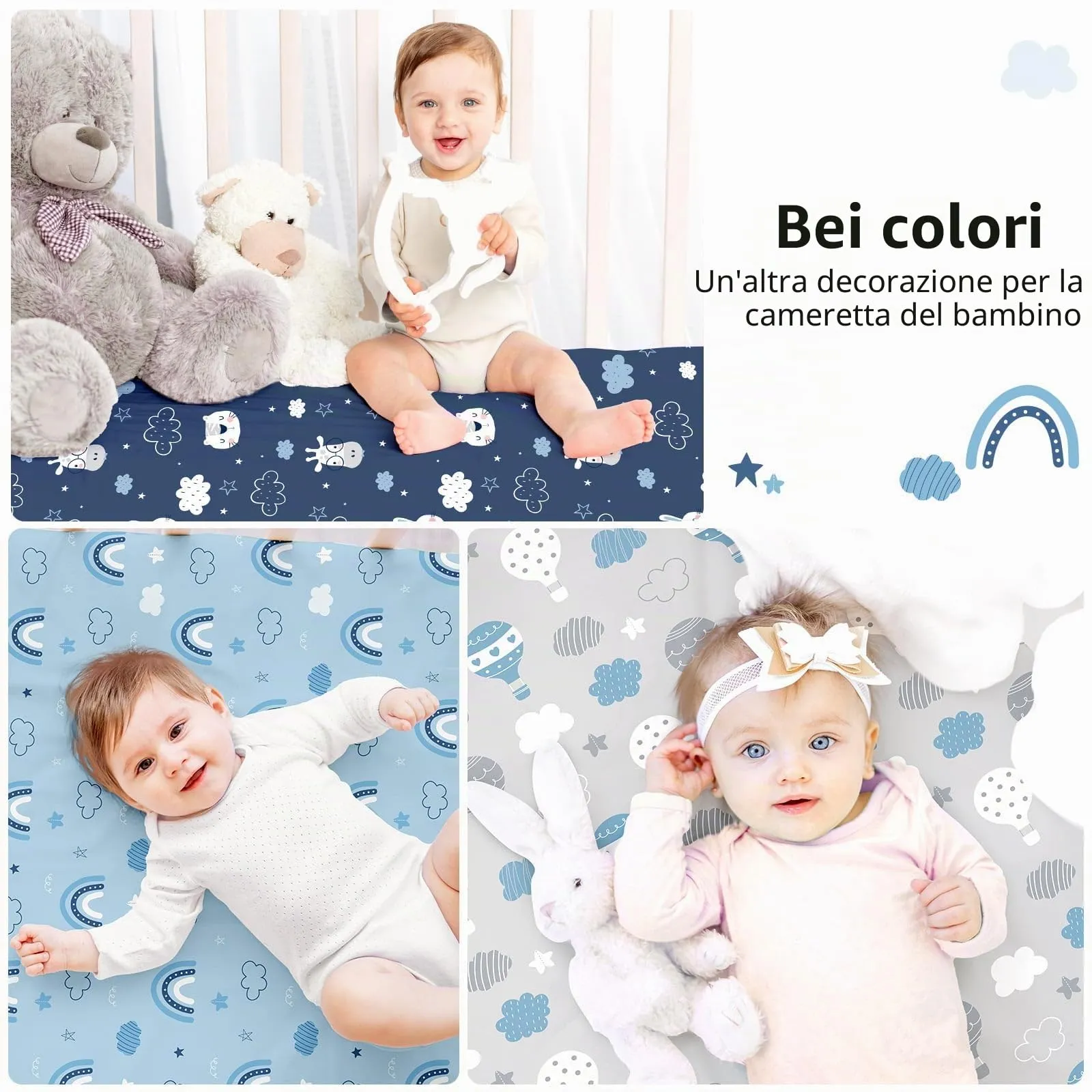 Fiemol Lenzuola Lettino 120x60 cm, Confezione da 3 Coprimaterassi per Lettino Neonato, Lenzuola con Angoli Elasticizzate in Microfibra Ultra Morbida e Setosa, Azzurro e Nuvola - immagine 6