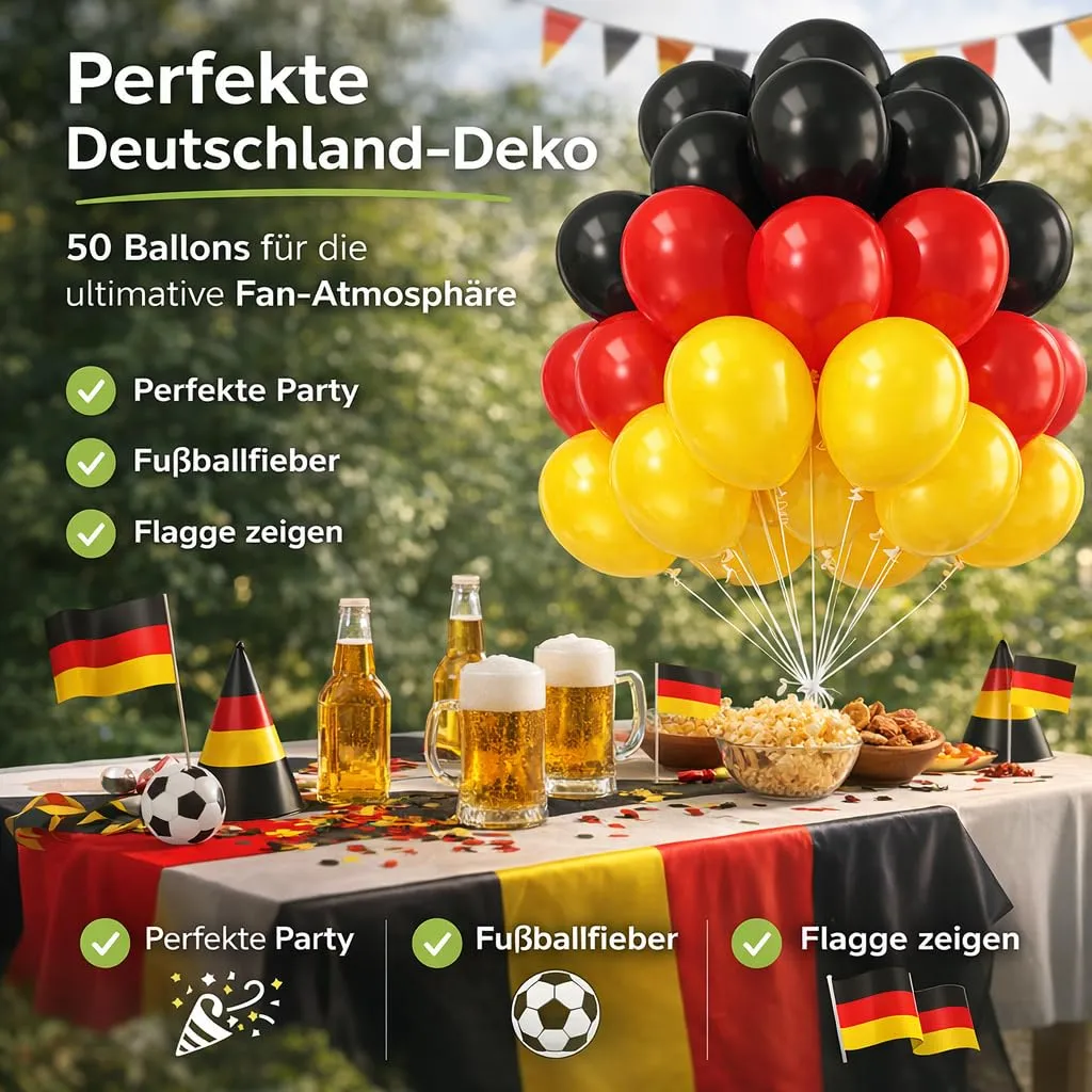 50 palloncini, Ø 35 cm, articolo per fan della Germania, decorazione e decorazione per i campionati europei 2028 (50 x Germania (nero, rosso, oro) - immagine 2