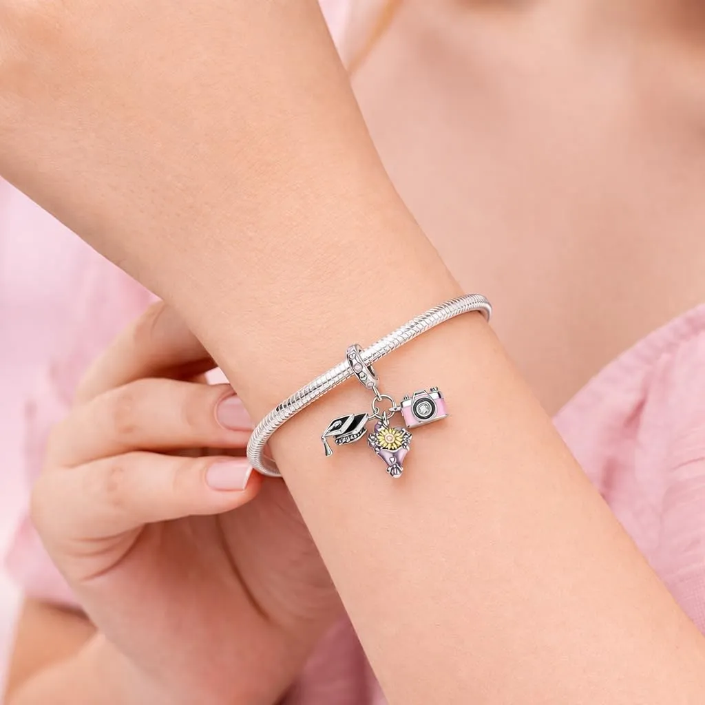 MariaFonte Charm Laurea Compatibile Tutte Marche Pendente Cappello Laurea Fiori Foto Compleanno Anniversario Ciondoli Originale Bead Argento - immagine 2