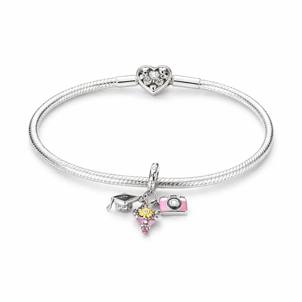MariaFonte Charm Laurea Compatibile Tutte Marche Pendente Cappello Laurea Fiori Foto Compleanno Anniversario Ciondoli Originale Bead Argento - immagine 6