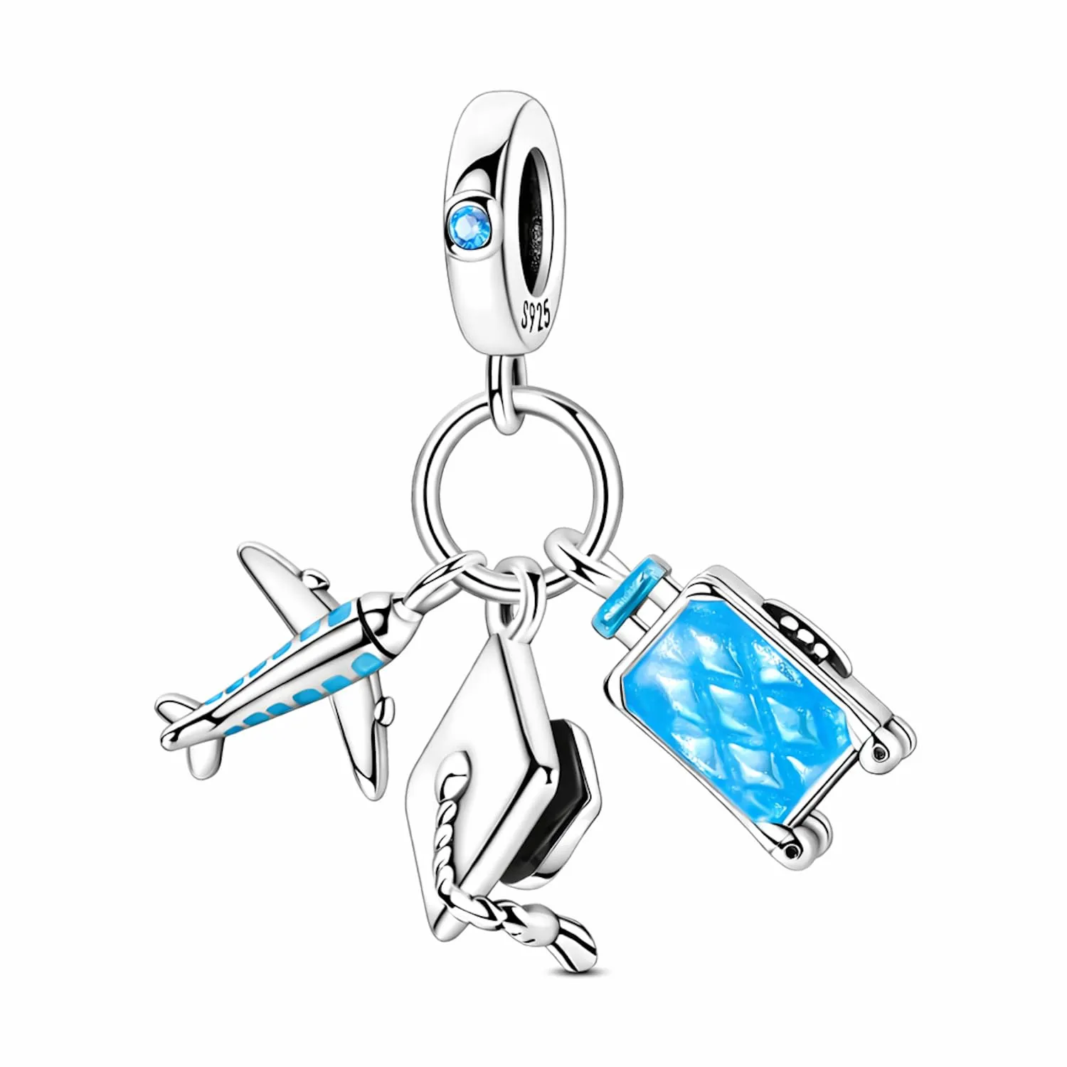 MariaFonte Charm Laurea Compatibile Tutte Marche Pendente Cappello Aereo Valigia Trolley Blu Azzurro Compleanno Anniversario Ciondoli Originale Bead Argento - immagine 1