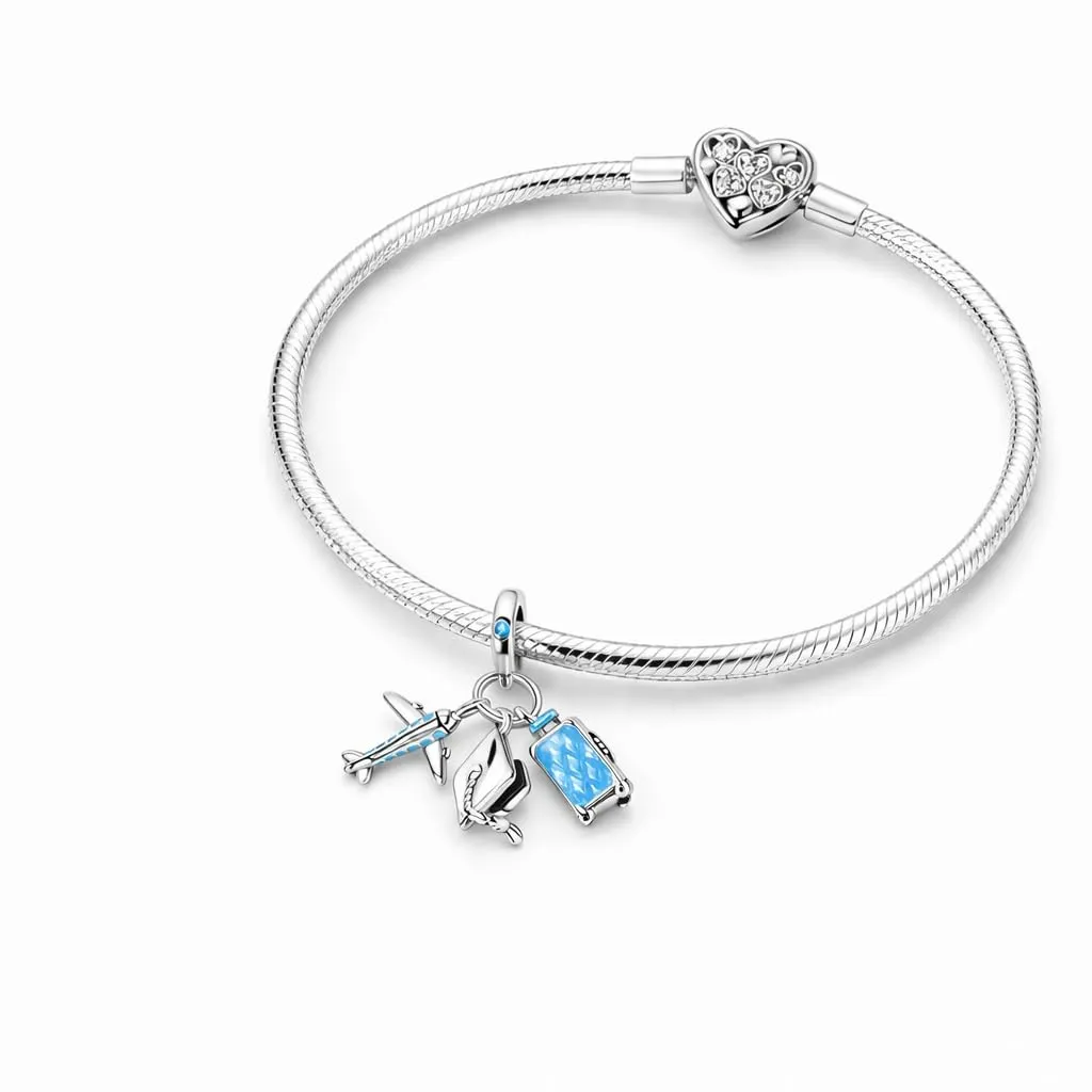 MariaFonte Charm Laurea Compatibile Tutte Marche Pendente Cappello Aereo Valigia Trolley Blu Azzurro Compleanno Anniversario Ciondoli Originale Bead Argento - immagine 3