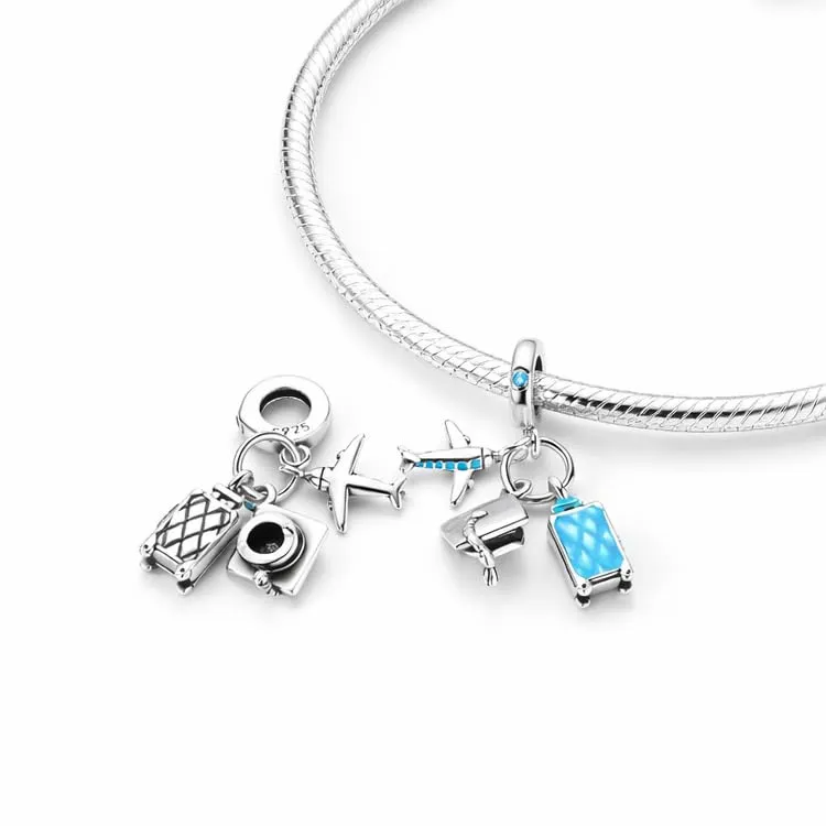 MariaFonte Charm Laurea Compatibile Tutte Marche Pendente Cappello Aereo Valigia Trolley Blu Azzurro Compleanno Anniversario Ciondoli Originale Bead Argento - immagine 5