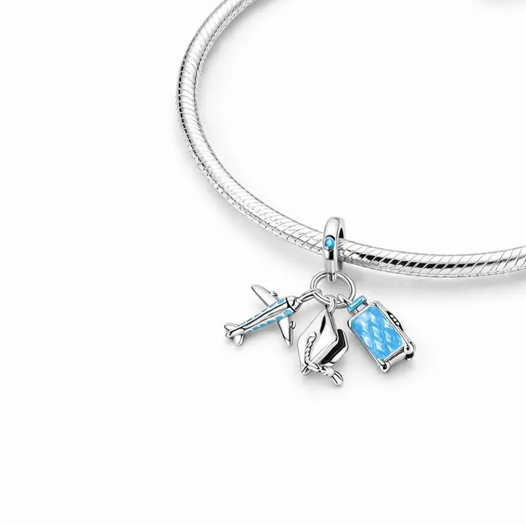 MariaFonte Charm Laurea Compatibile Tutte Marche Pendente Cappello Aereo Valigia Trolley Blu Azzurro Compleanno Anniversario Ciondoli Originale Bead Argento - immagine 9