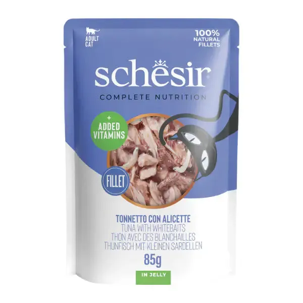 Schesir Cat Soft Adult filetti in gelatina alimento completo bustine 85 gr Tonno e alicette - confezione da 12 pezzi - Cibo umido per gatti - immagine 1