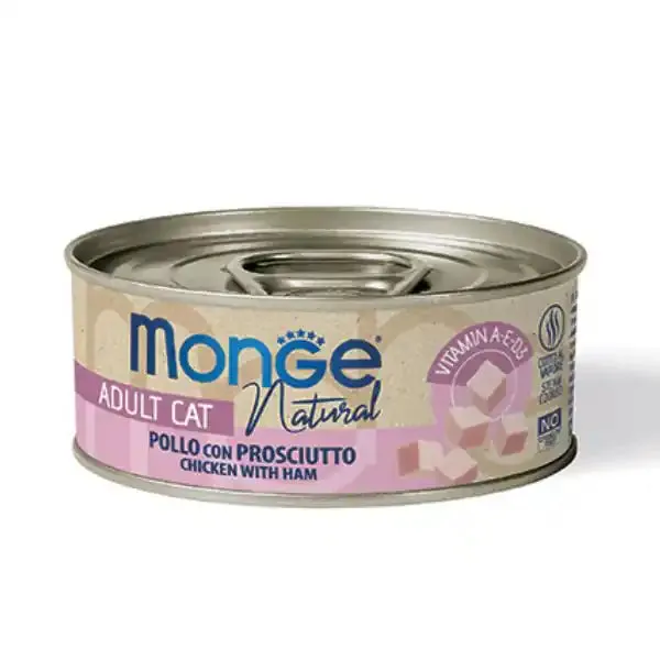 Monge Natural Adult cottura al vapore Ricette Delicate 80 gr Pollo con prosciutto - confezione da 24 pezzi - Cibo umido per gatti - immagine 1