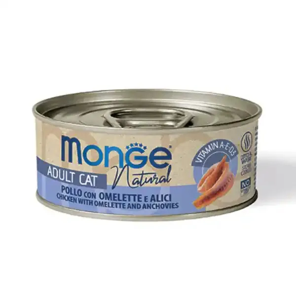 Monge Natural Adult cottura al vapore Ricette Delicate 80 gr Pollo con omelette e alici - confezione da 24 pezzi - Cibo umido per gatti - immagine 1