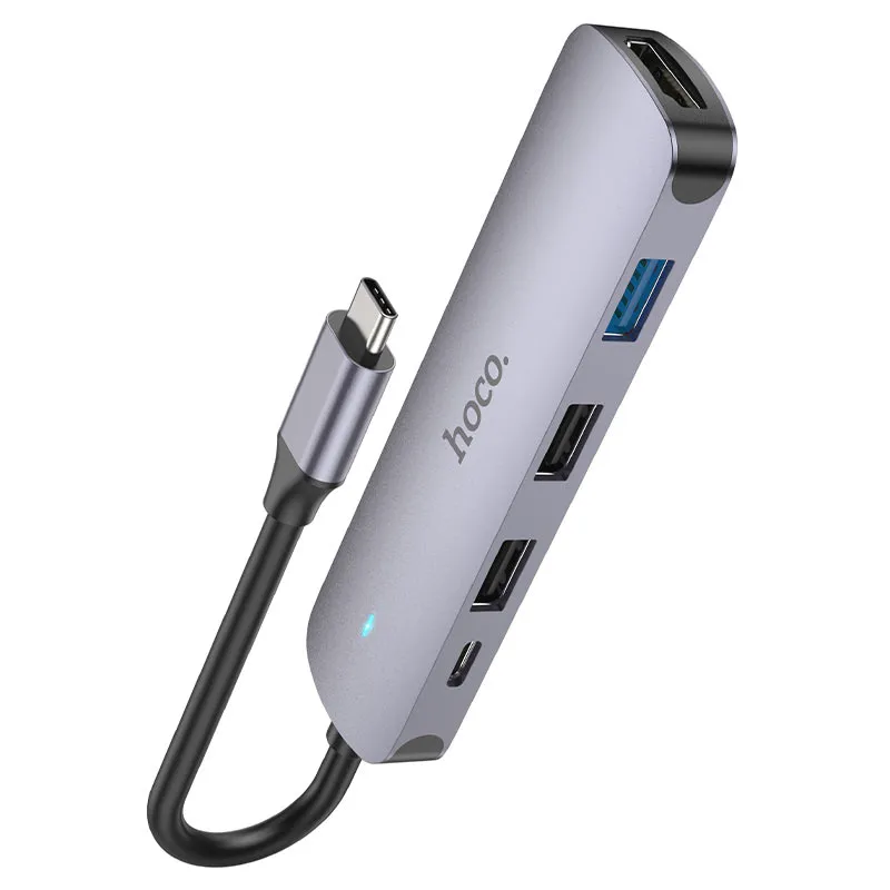 Hub USB-C HOCO HB27, USB-A 3.0 - 2 x USB-A - USB-C - HDMI, Grigio - immagine 1