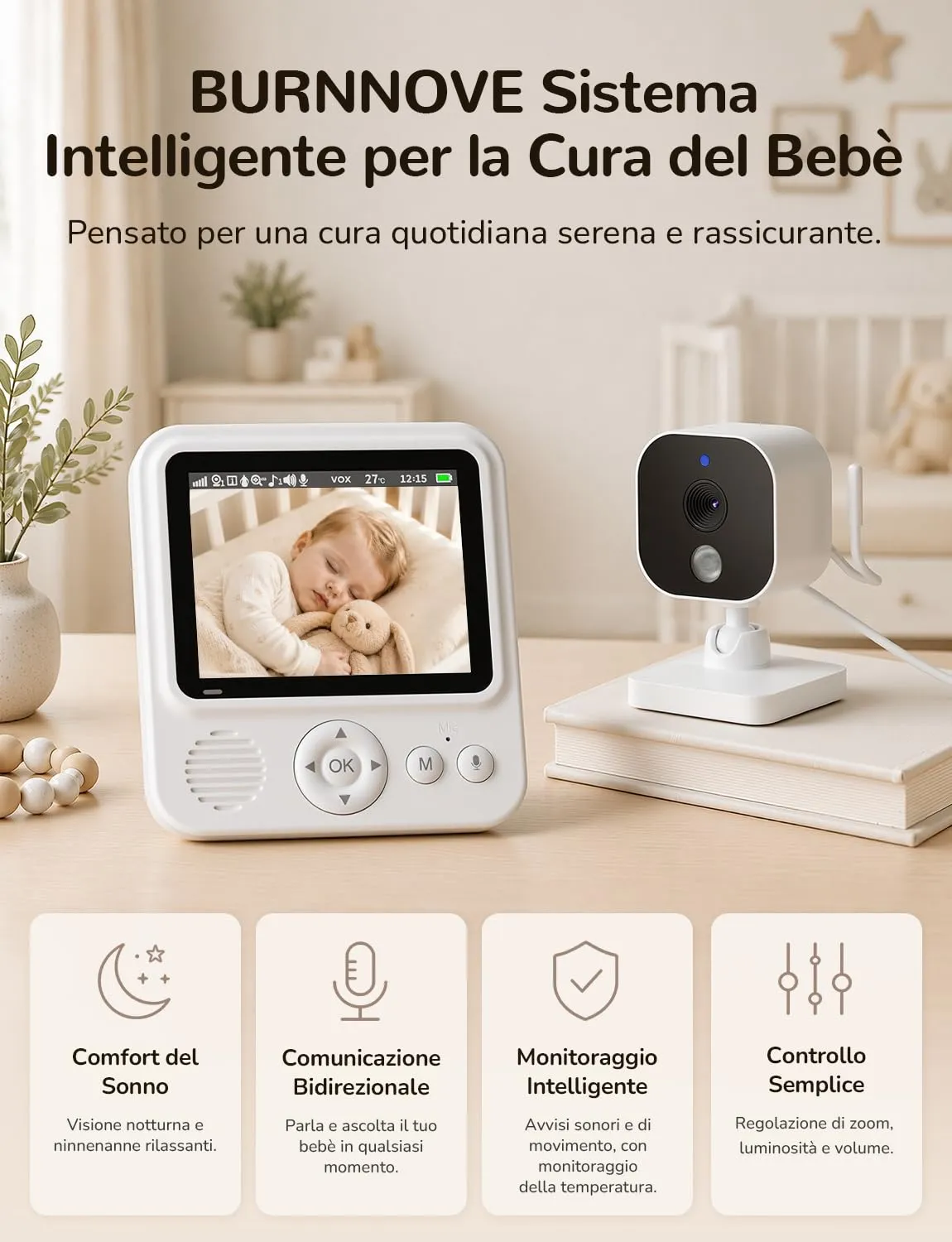BURNNOVE Baby Monitor Video e Audio 2.8" IPS 720P VOX 96H - immagine 2