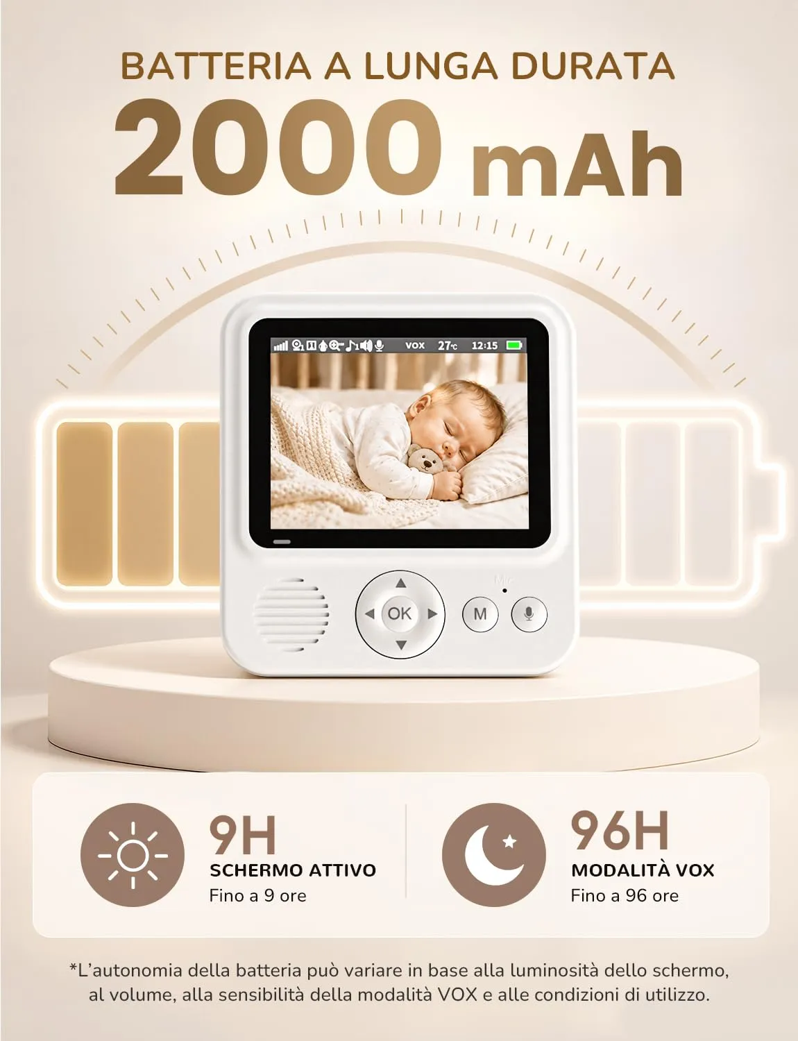 BURNNOVE Baby Monitor Video e Audio 2.8" IPS 720P VOX 96H - immagine 3