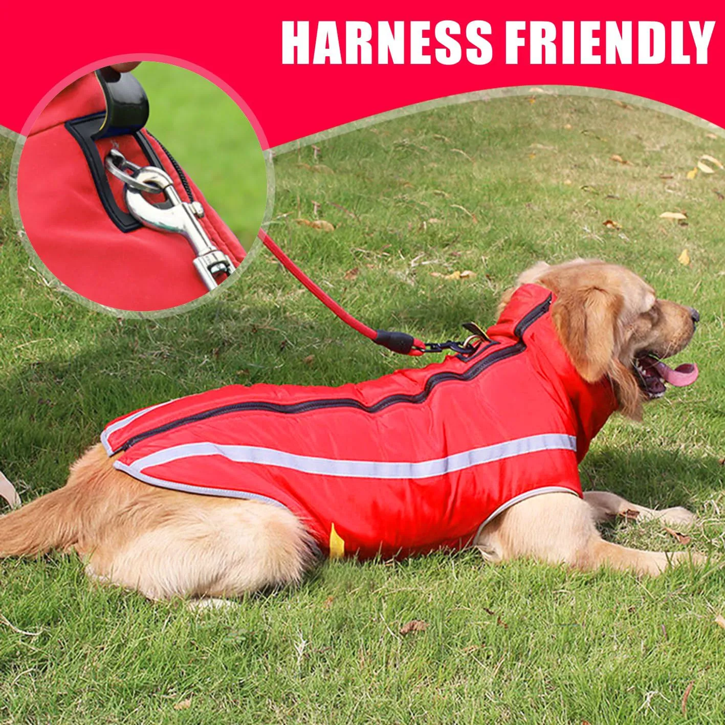 Idepet Cappotto per cani impermeabile Giacca invernale calda, Giacca per cani antivento Abbigliamento per cani Completo per cani di taglia piccola di taglia media con foro per imbracatura XL-6XL - immagine 3