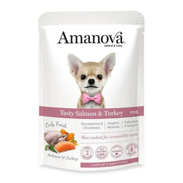 Amanova Dog Adult Umido Grain Free 100 gr Salmone fresco e tacchino - confezione da 12 pezzi - Cibo umido per cani - immagine 1