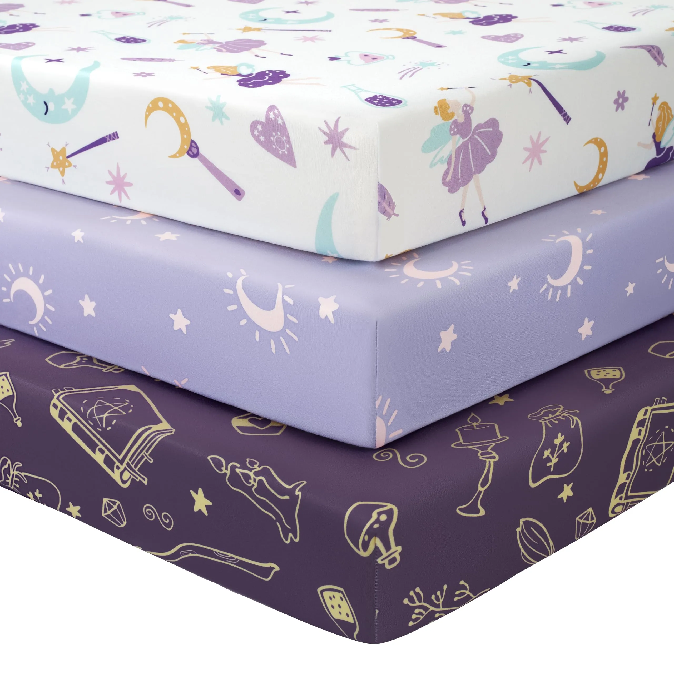 Fiemol Lenzuola Lettino 140x70 cm, Confezione da 3 Coprimaterassi per Lettino Neonato, Lenzuola con Angoli Elasticizzate in Microfibra Ultra Morbida e Setosa, Fata Magica Viola - immagine 1