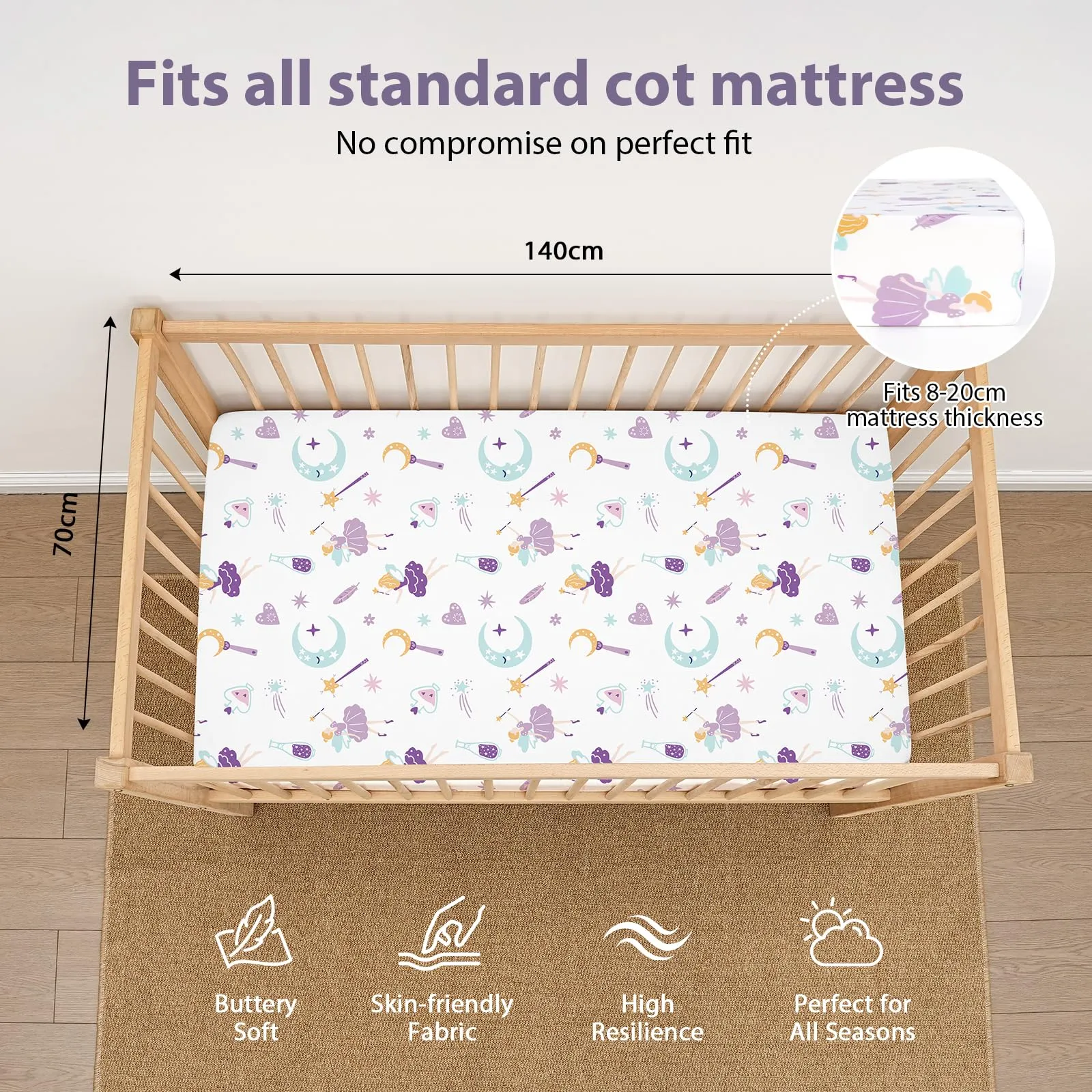 Fiemol Lenzuola Lettino 140x70 cm, Confezione da 3 Coprimaterassi per Lettino Neonato, Lenzuola con Angoli Elasticizzate in Microfibra Ultra Morbida e Setosa, Fata Magica Viola - immagine 2
