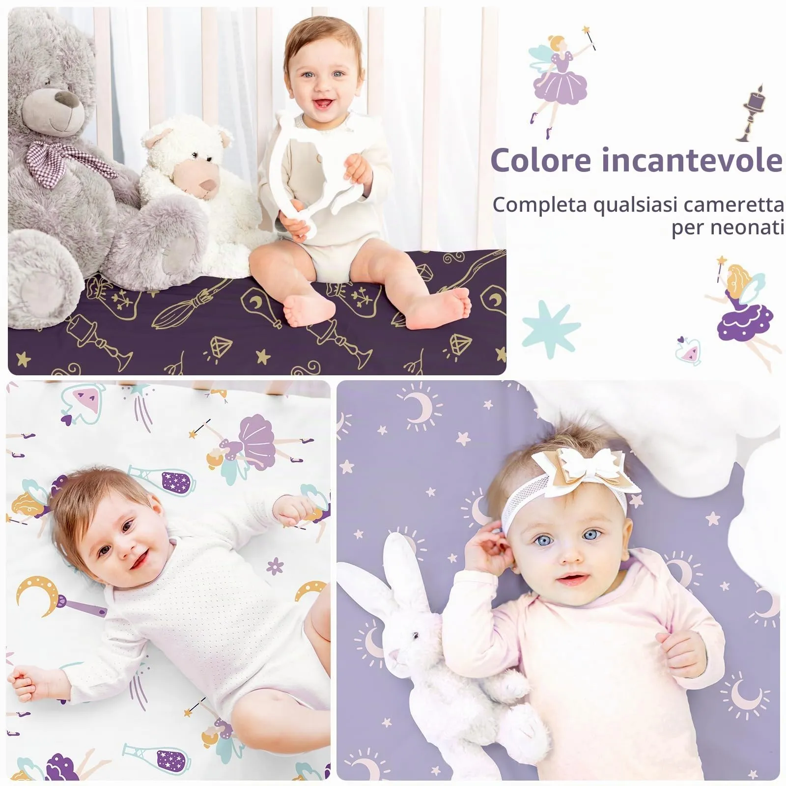 Fiemol Lenzuola Lettino 140x70 cm, Confezione da 3 Coprimaterassi per Lettino Neonato, Lenzuola con Angoli Elasticizzate in Microfibra Ultra Morbida e Setosa, Fata Magica Viola - immagine 6