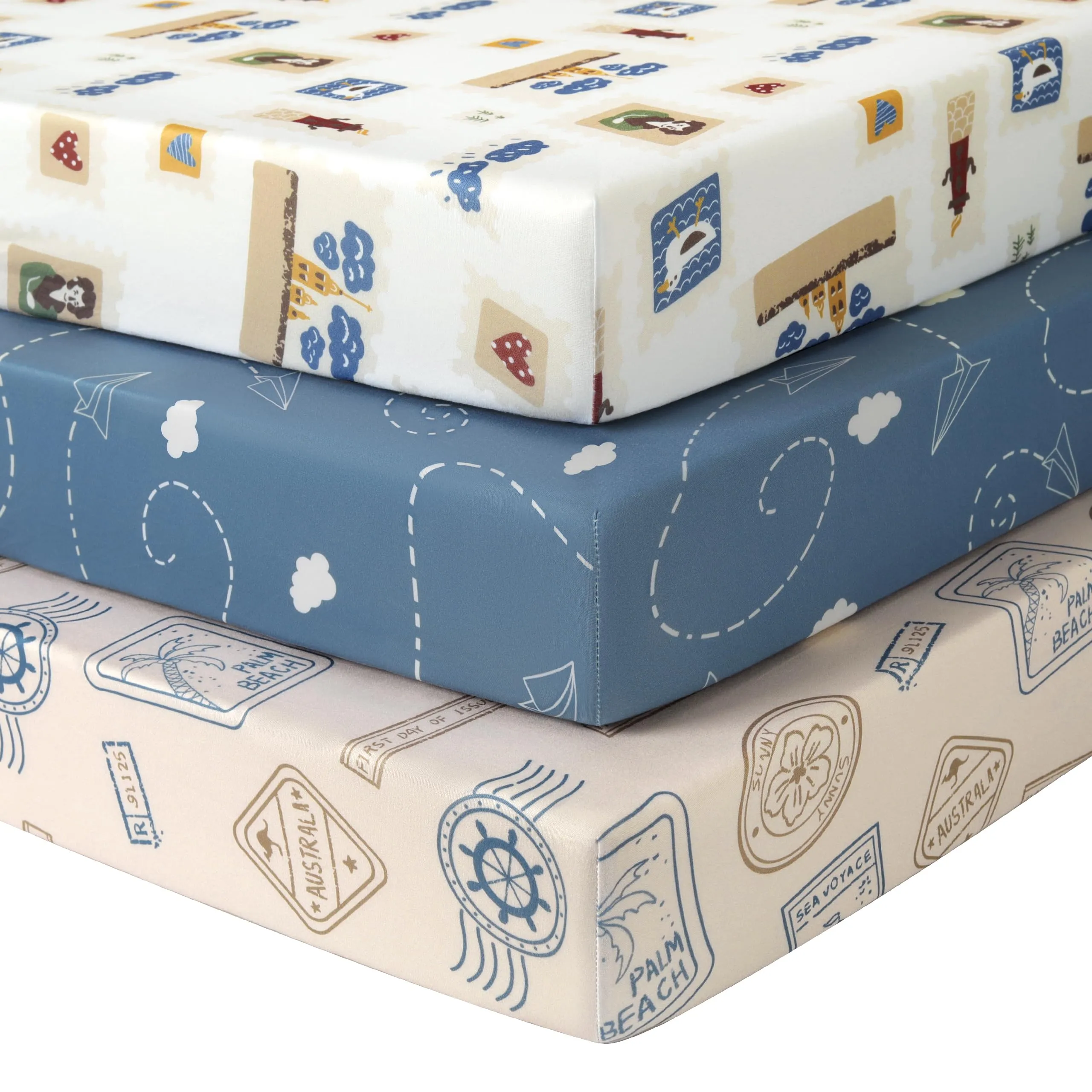 Fiemol Lenzuola Lettino 140x70 cm, Confezione da 3 Coprimaterassi per Lettino Neonato, Lenzuola con Angoli Elasticizzate in Microfibra Ultra Morbida e Setosa, Timbro Blu e Marrone - immagine 1