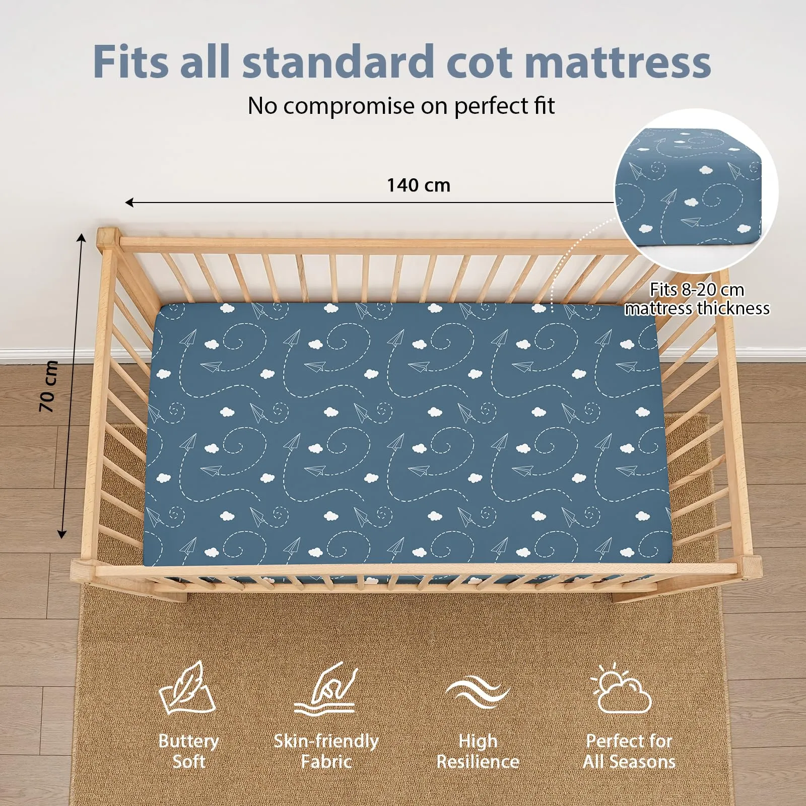Fiemol Lenzuola Lettino 140x70 cm, Confezione da 3 Coprimaterassi per Lettino Neonato, Lenzuola con Angoli Elasticizzate in Microfibra Ultra Morbida e Setosa, Timbro Blu e Marrone - immagine 2