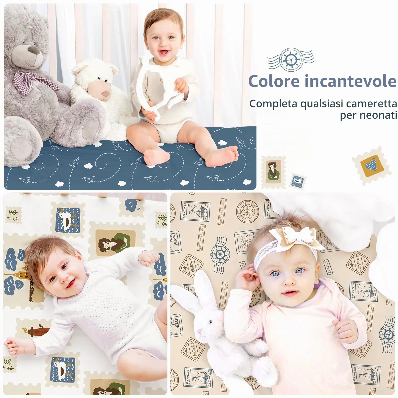 Fiemol Lenzuola Lettino 140x70 cm, Confezione da 3 Coprimaterassi per Lettino Neonato, Lenzuola con Angoli Elasticizzate in Microfibra Ultra Morbida e Setosa, Timbro Blu e Marrone - immagine 6