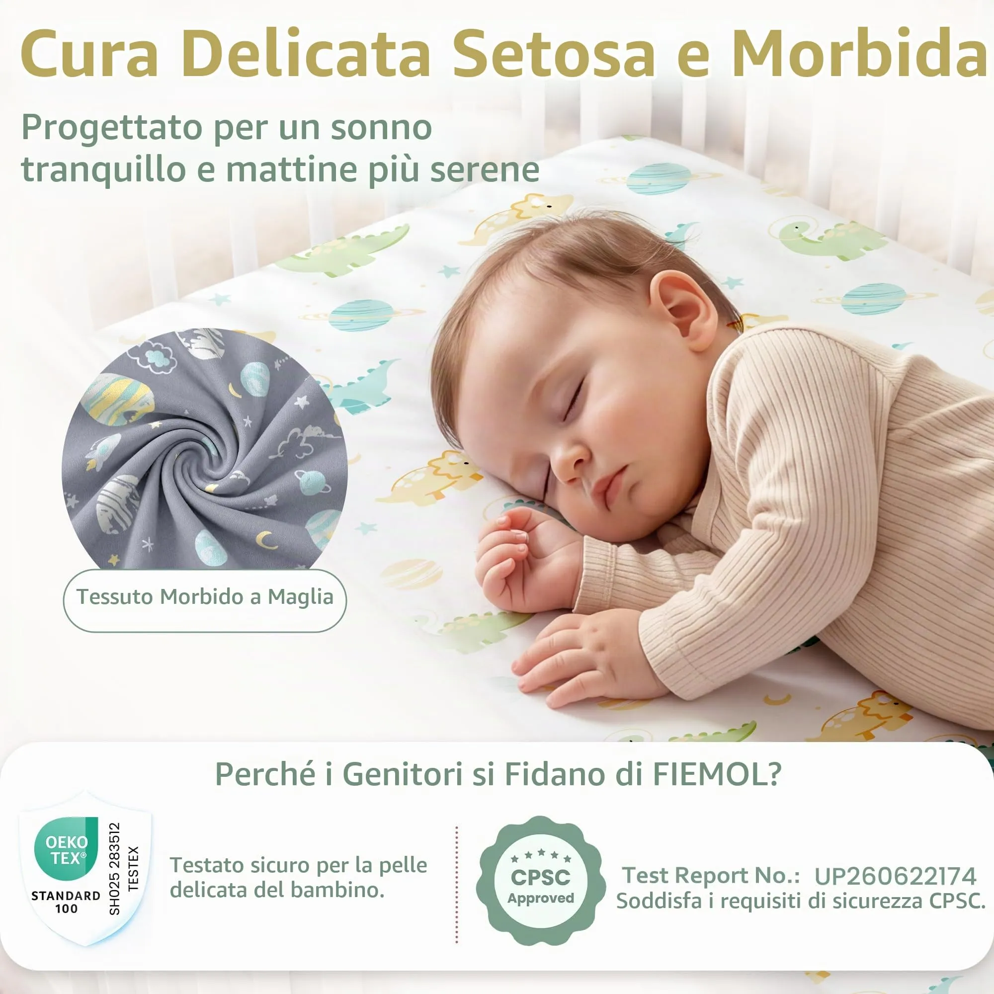 Fiemol Lenzuola Culla Next to Me 83x50cm, Confezione da 3 Coprimaterassi per Culla Neonato, Lenzuola con Angoli Elasticizzate in Microfibra Ultra Morbida e Setosa, Pianeta Dinosauro Verde - immagine 6