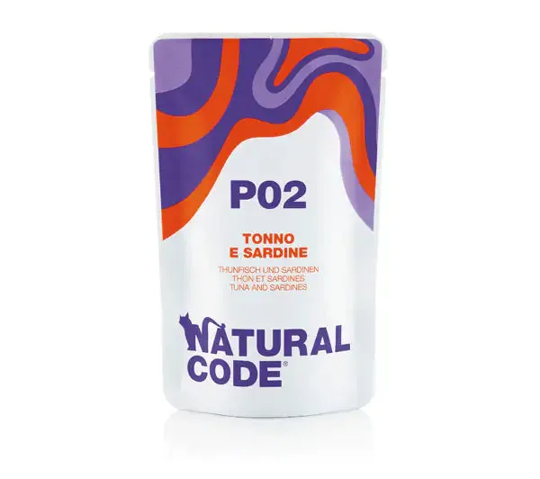 Natural Code Adult Buste in Acqua di Cottura 70 gr P02 - Tonno e Sardine - confezione da 24 pezzi - Cibo umido per gatti - immagine 1