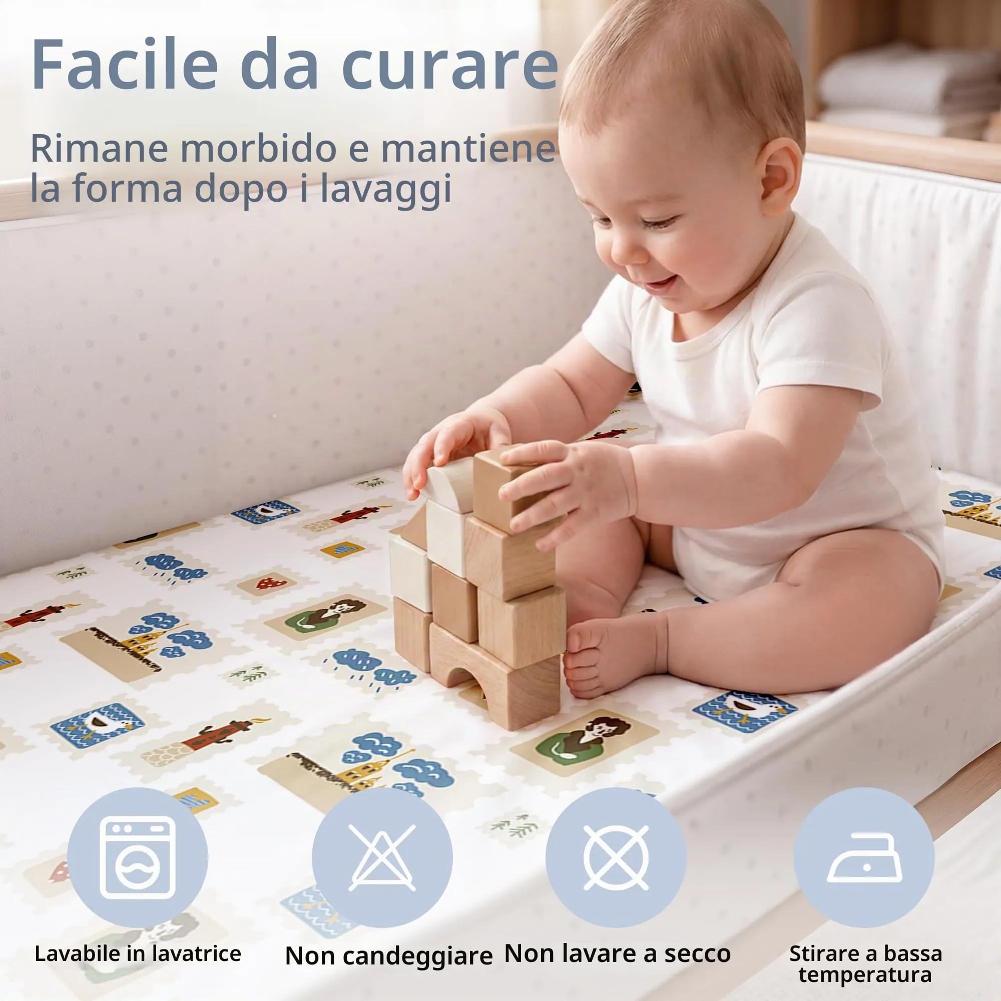 Fiemol Lenzuola Culla Next to Me 83x50cm, Confezione da 3 Coprimaterassi per Culla Neonato, Lenzuola con Angoli Elasticizzate in Microfibra Ultra Morbida e Setosa, Timbro Blu e Marrone - immagine 7