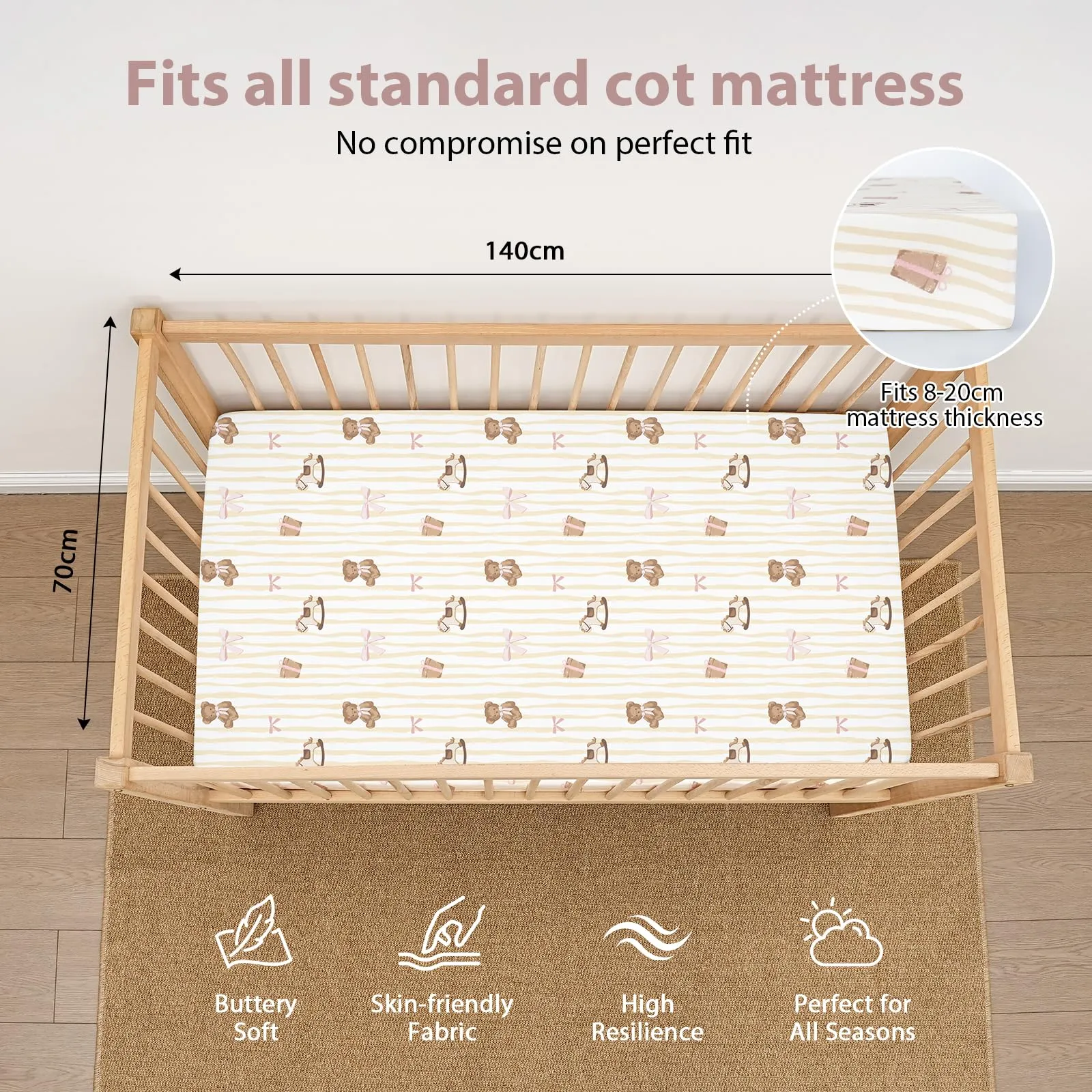 Fiemol Lenzuola Lettino 140x70 cm, Confezione da 3 Coprimaterassi per Lettino Neonato, Lenzuola con Angoli Elasticizzate in Microfibra Ultra Morbida e Setosa, Orso Rosa - immagine 2