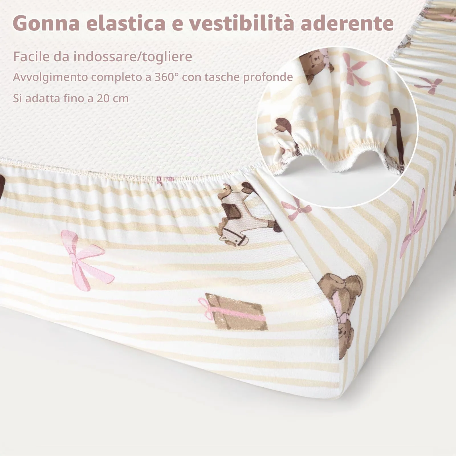 Fiemol Lenzuola Lettino 140x70 cm, Confezione da 3 Coprimaterassi per Lettino Neonato, Lenzuola con Angoli Elasticizzate in Microfibra Ultra Morbida e Setosa, Orso Rosa - immagine 5