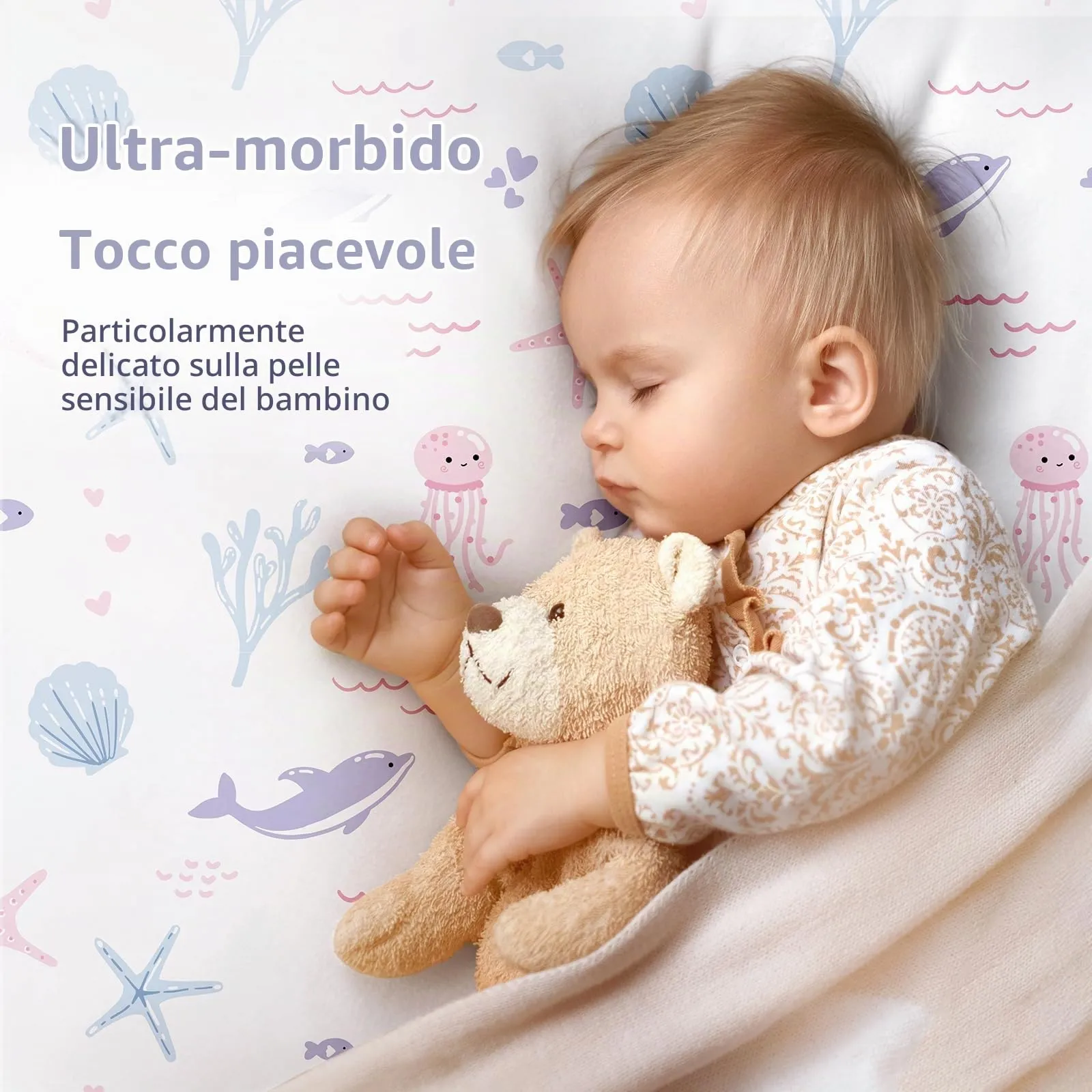 Fiemol Lenzuola Culla Next to Me 83x50cm, Confezione da 3 Coprimaterassi per Culla Neonato, Lenzuola con Angoli Elasticizzate in Microfibra Ultra Morbida e Setosa, Sirena Viola - immagine 3