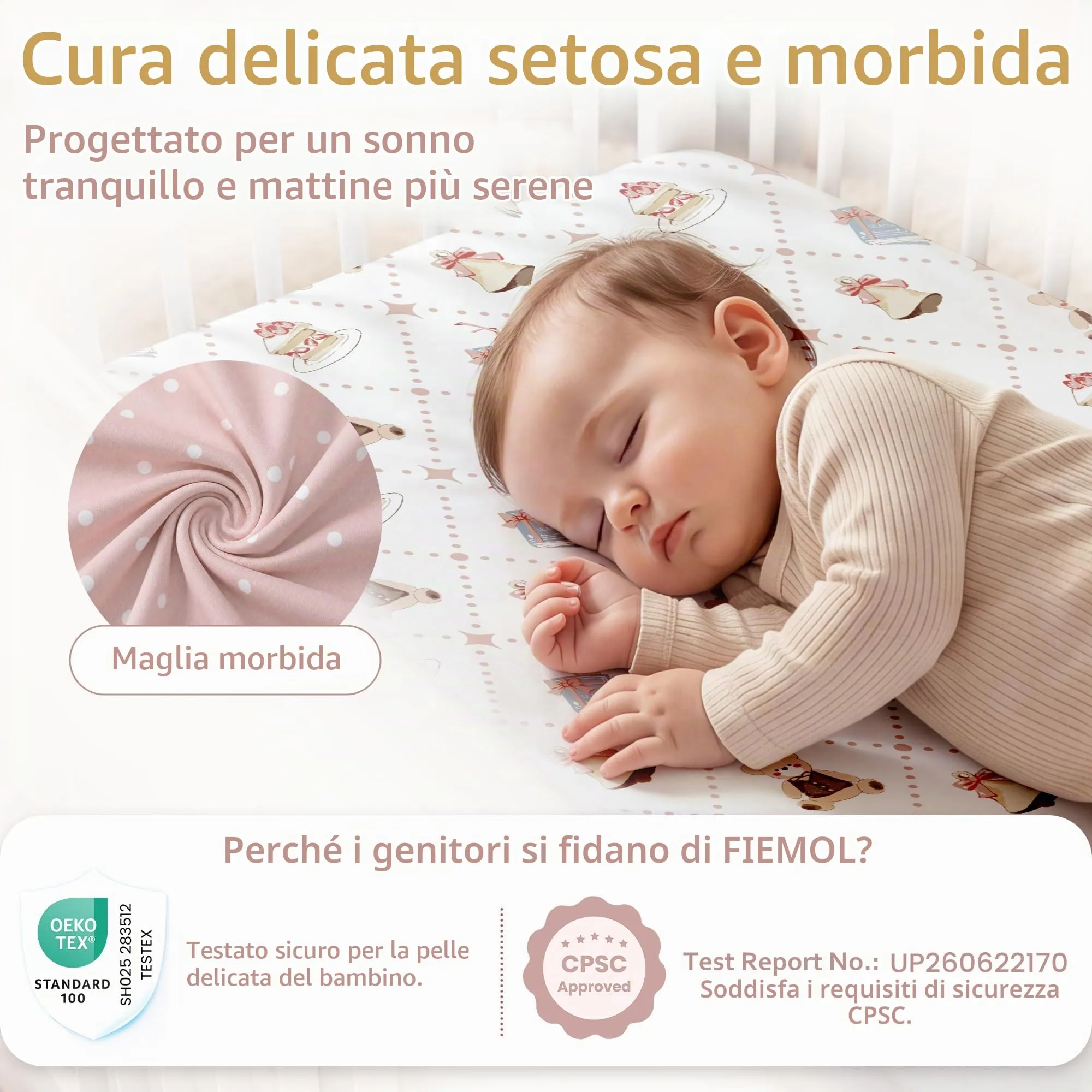 Fiemol Lenzuola Culla Next to Me 83x50cm, Confezione da 3 Coprimaterassi per Culla Neonato, Lenzuola con Angoli Elasticizzate in Microfibra Ultra Morbida e Setosa, Orso Rosa - immagine 5