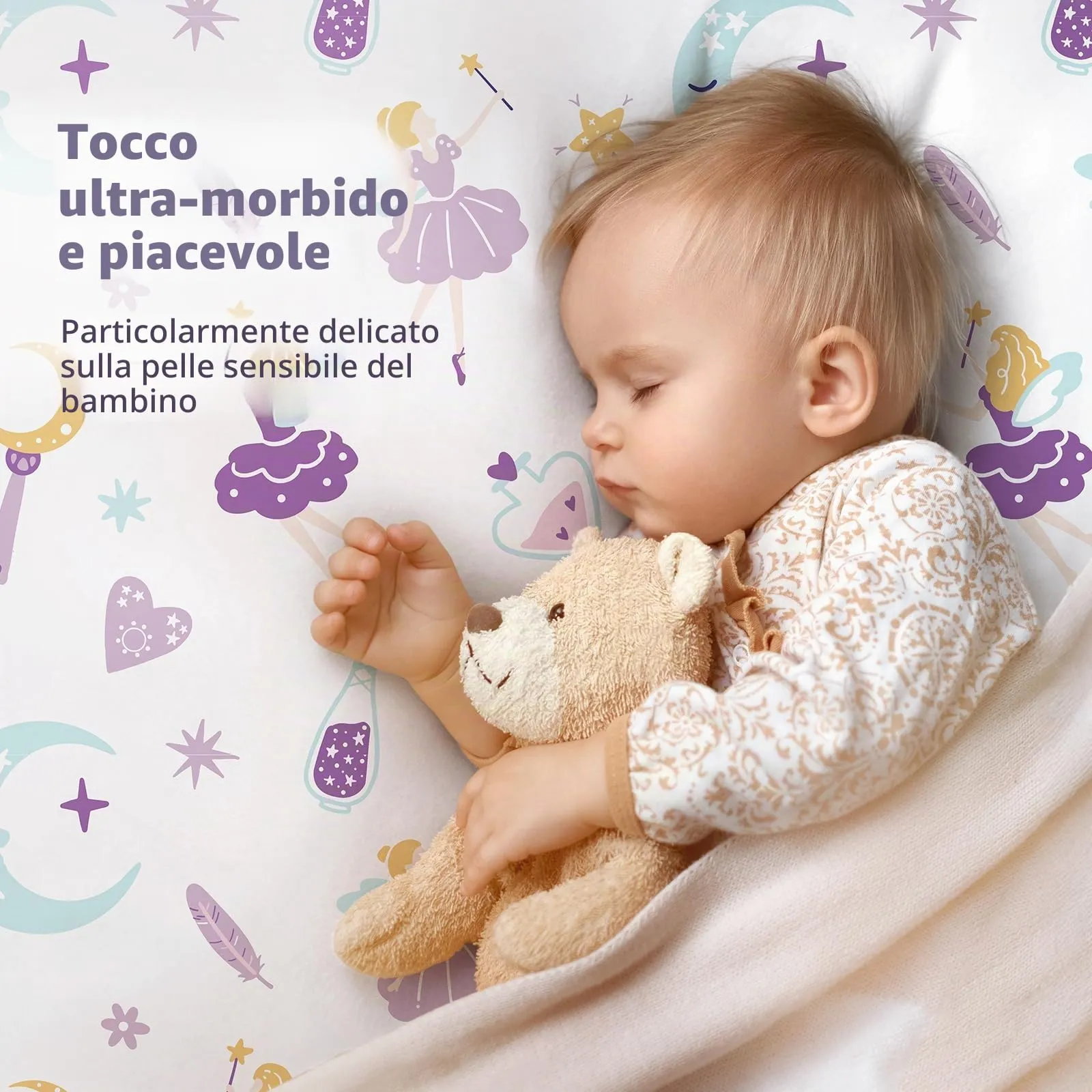 Fiemol Lenzuola Culla Next to Me 83x50cm, Confezione da 3 Coprimaterassi per Culla Neonato, Lenzuola con Angoli Elasticizzate in Microfibra Ultra Morbida e Setosa, Fata Magica Viola - immagine 3