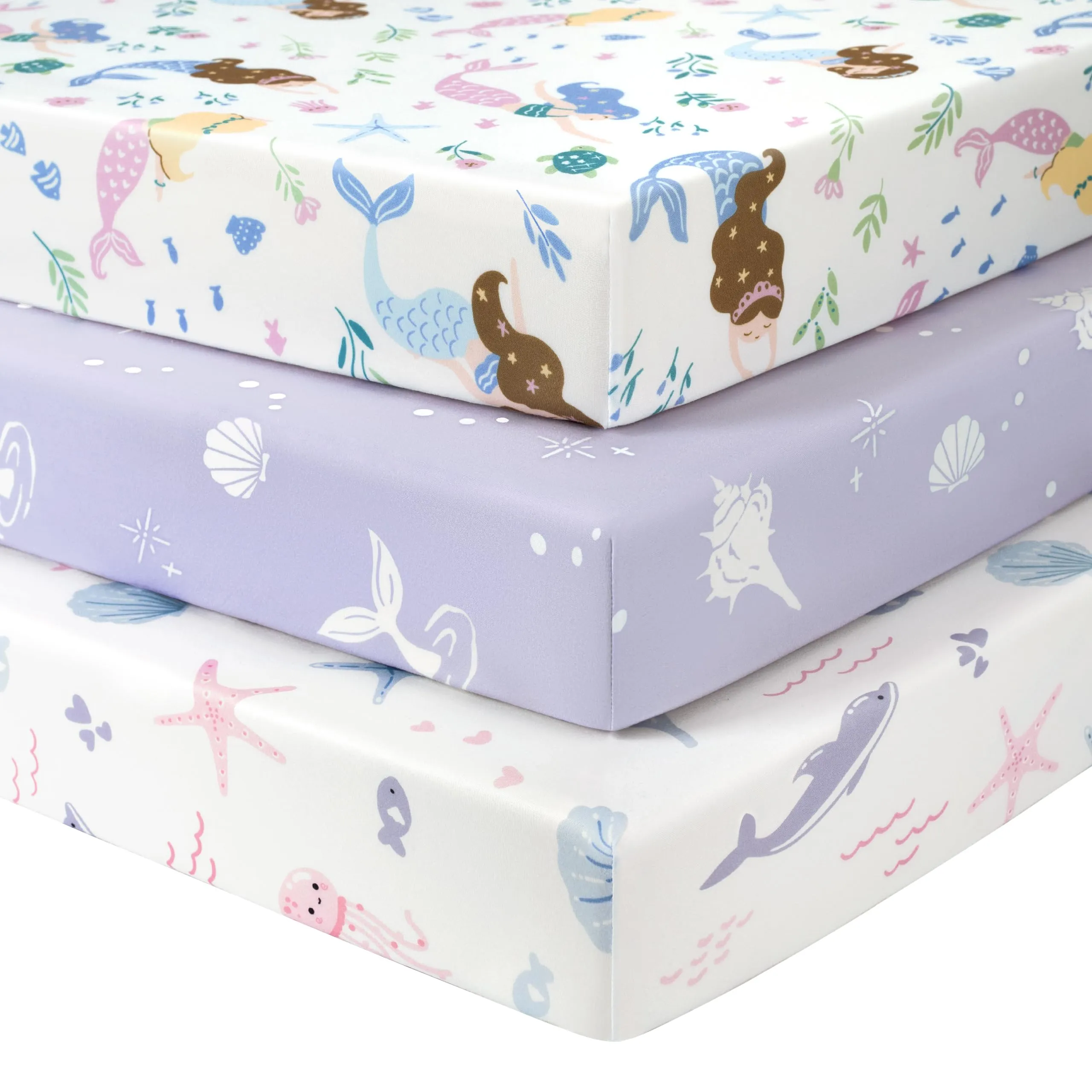 Fiemol Lenzuola Lettino 140x70 cm, Confezione da 3 Coprimaterassi per Lettino Neonato, Lenzuola con Angoli Elasticizzate in Microfibra Ultra Morbida e Setosa, Sirena Viola - immagine 1