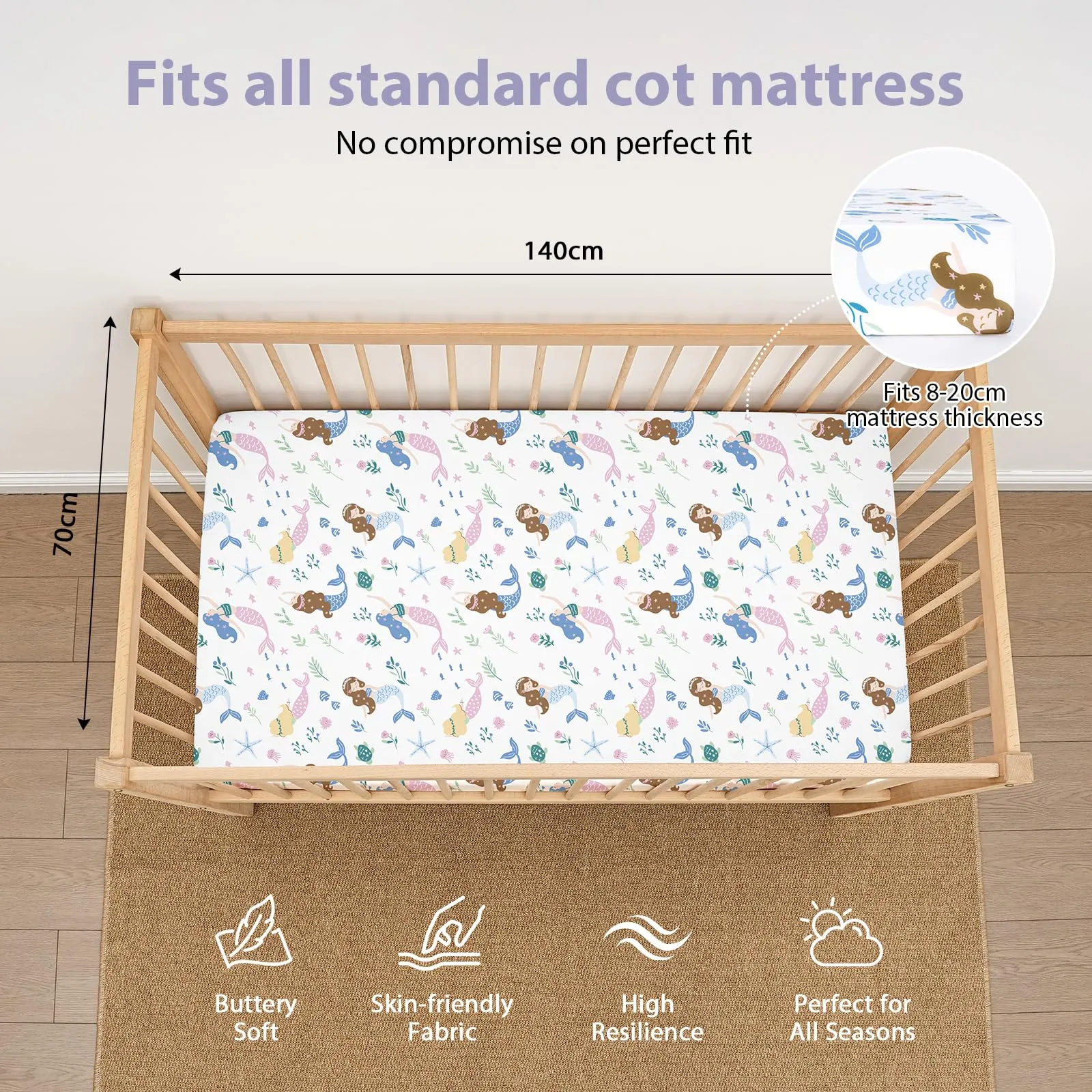 Fiemol Lenzuola Lettino 140x70 cm, Confezione da 3 Coprimaterassi per Lettino Neonato, Lenzuola con Angoli Elasticizzate in Microfibra Ultra Morbida e Setosa, Sirena Viola - immagine 2