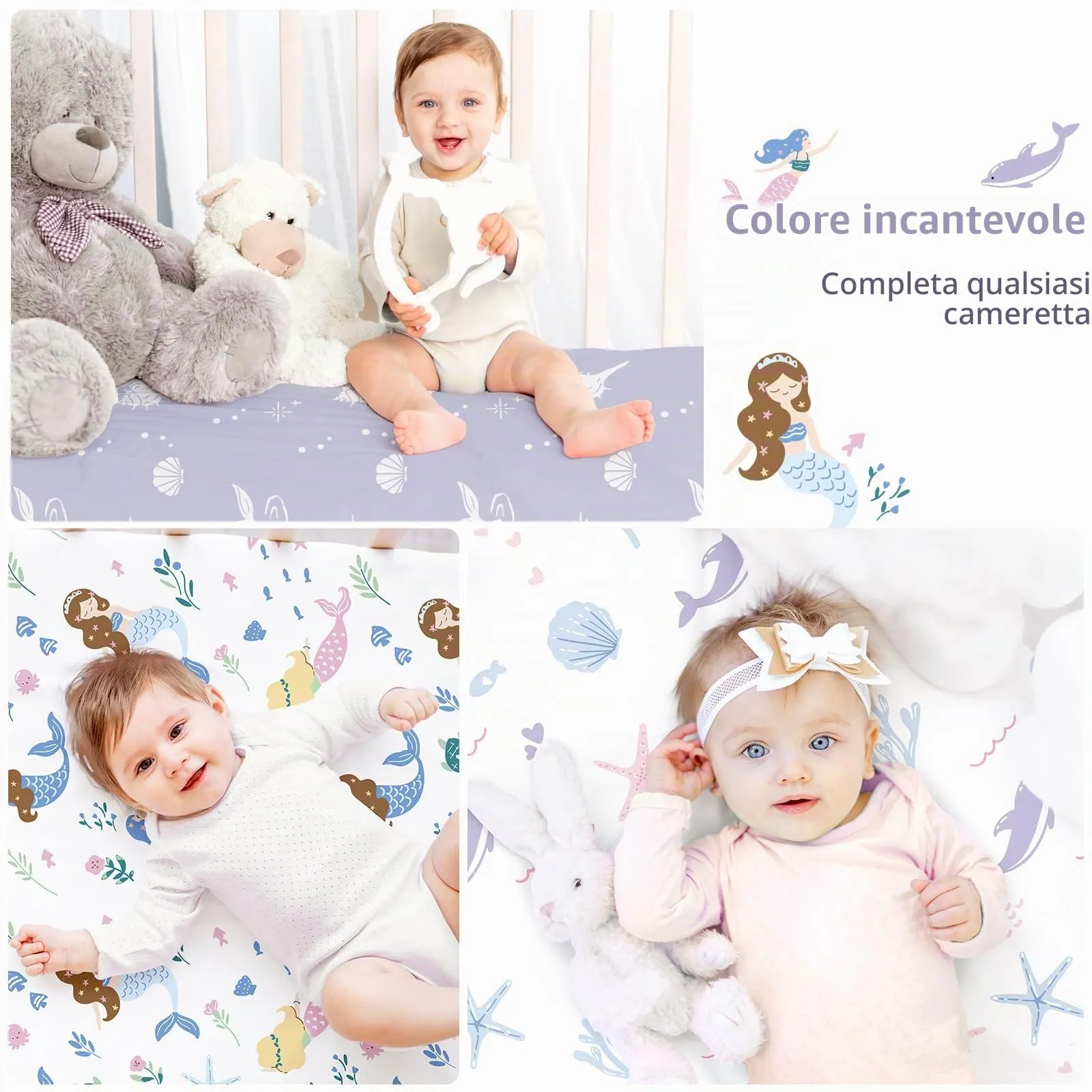 Fiemol Lenzuola Lettino 140x70 cm, Confezione da 3 Coprimaterassi per Lettino Neonato, Lenzuola con Angoli Elasticizzate in Microfibra Ultra Morbida e Setosa, Sirena Viola - immagine 6