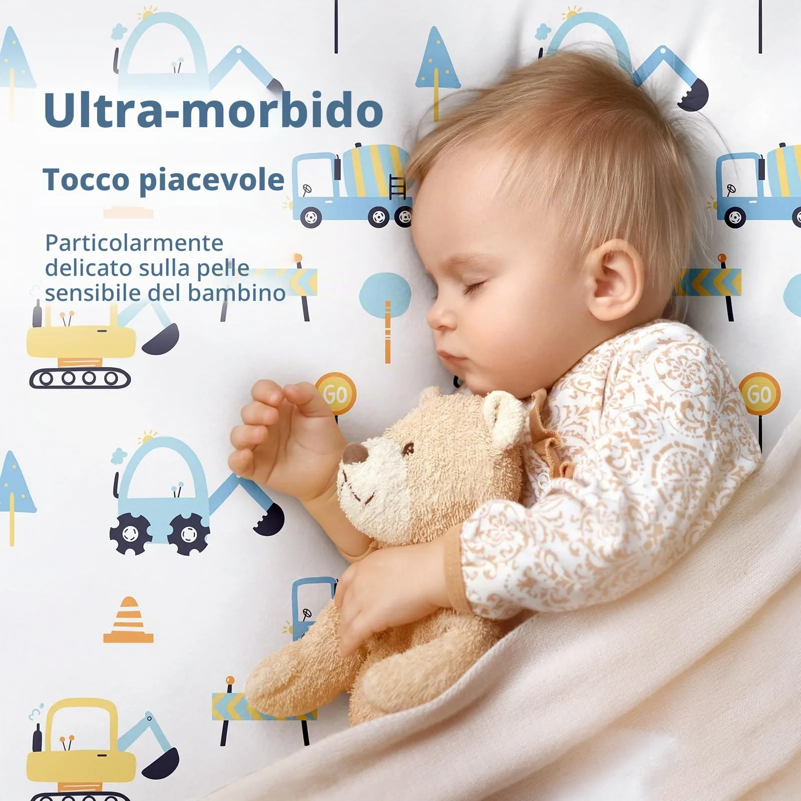 Fiemol Lenzuola Culla Next to Me 83x50cm, Confezione da 3 Coprimaterassi per Culla Neonato, Lenzuola con Angoli Elasticizzate in Microfibra Ultra Morbida e Setosa, Camion Blu - immagine 3