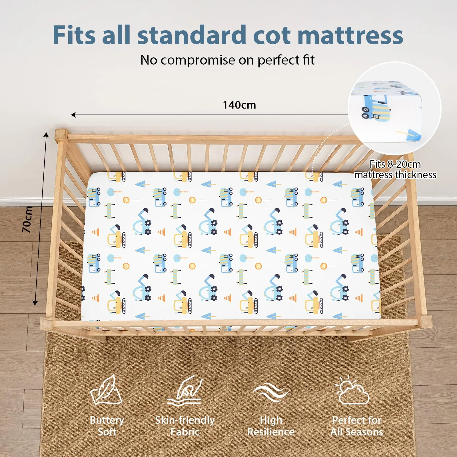 Fiemol Lenzuola Lettino 140x70 cm, Confezione da 3 Coprimaterassi per Lettino Neonato, Lenzuola con Angoli Elasticizzate in Microfibra Ultra Morbida e Setosa, Camion Blu - immagine 2