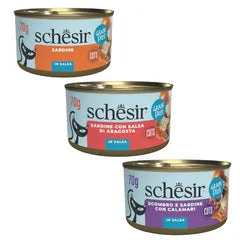 Schesir Sardine Filetti in salsa Cat Adult Grain Free 70 gr Sgombro e sardine con calamari - confezione da 12 pezzi - Cibo umido per gatti - immagine 1