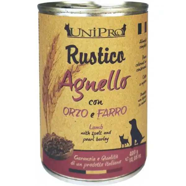 Unipro Rustico Dog Adult 400 gr Agnello con orzo e farro - confezione da 6 pezzi - Cibo umido per cani - immagine 1