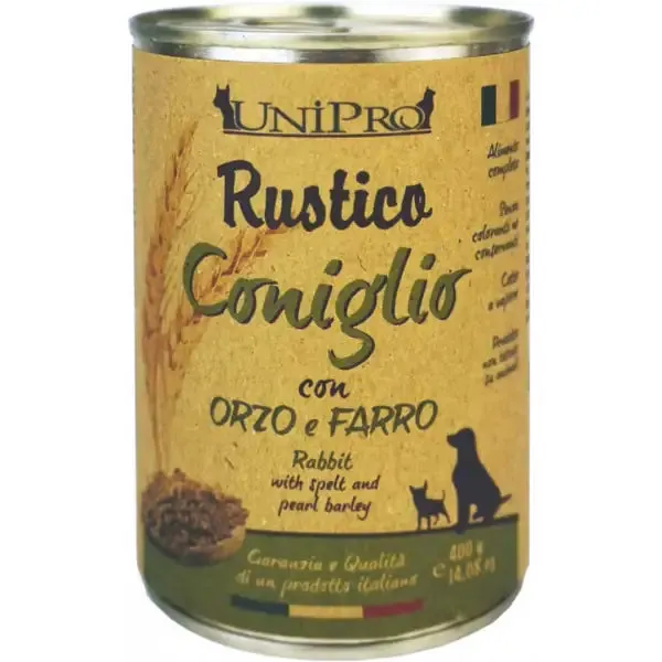 Unipro Rustico Dog Adult 400 gr Coniglio con orzo e farro - confezione da 6 pezzi - Cibo umido per cani - immagine 1