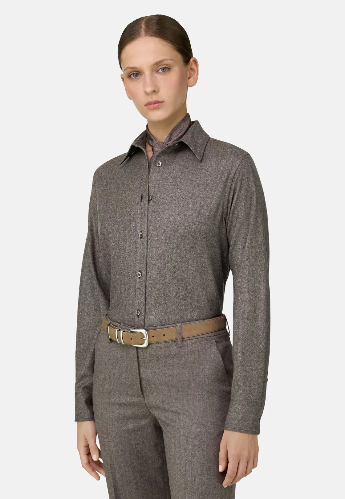 Boggi, Camicia Herringbone Lana, Donna, Taupe, Taglia: L - immagine 1