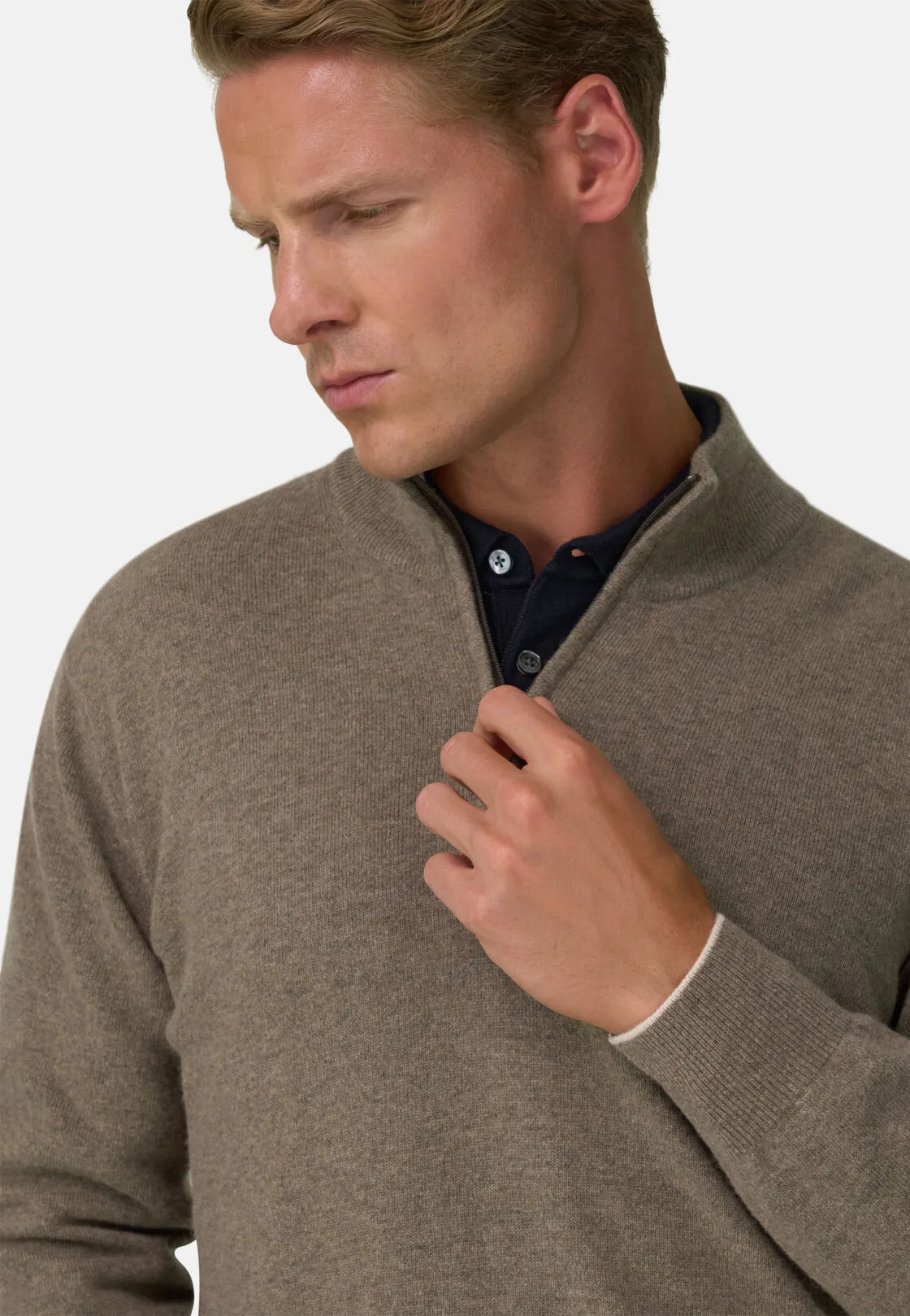 Boggi, Maglia Mezza Zip In Misto Cashmere, Uomo, Taupe, Taglia: XXL - immagine 3