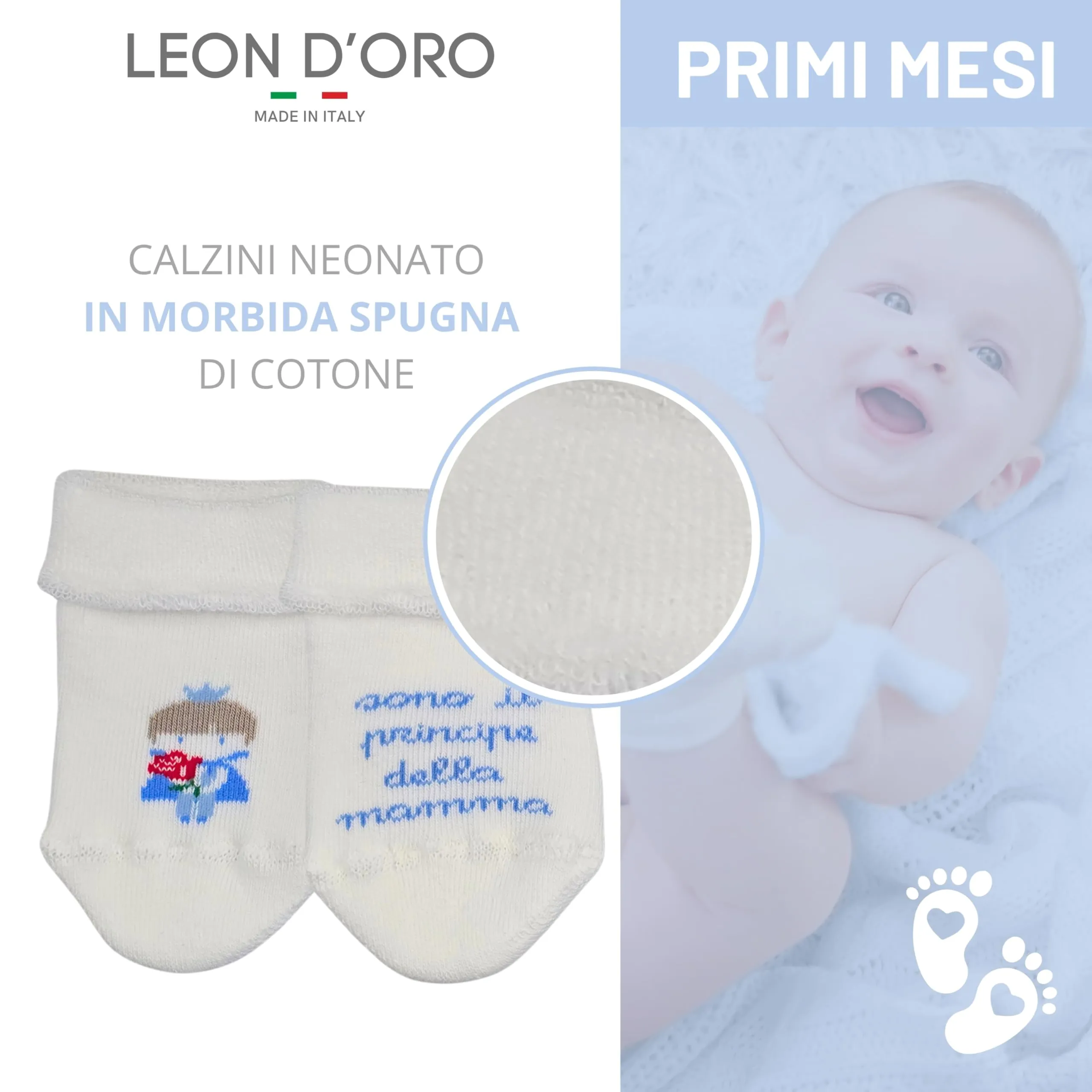 LEON D'ORO Calze Neonato Calzino Regalo Scarpine Babbucce bambini Primi Mesi Taglia Unica Made in Italy (IT, Età, Taglia unica, PRINCIPE) - immagine 3