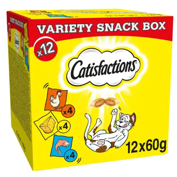 Catisfaction Dreamies Variety Box snack per gatti 12x60 gr Pollo - Salmone - Formaggio - immagine 1