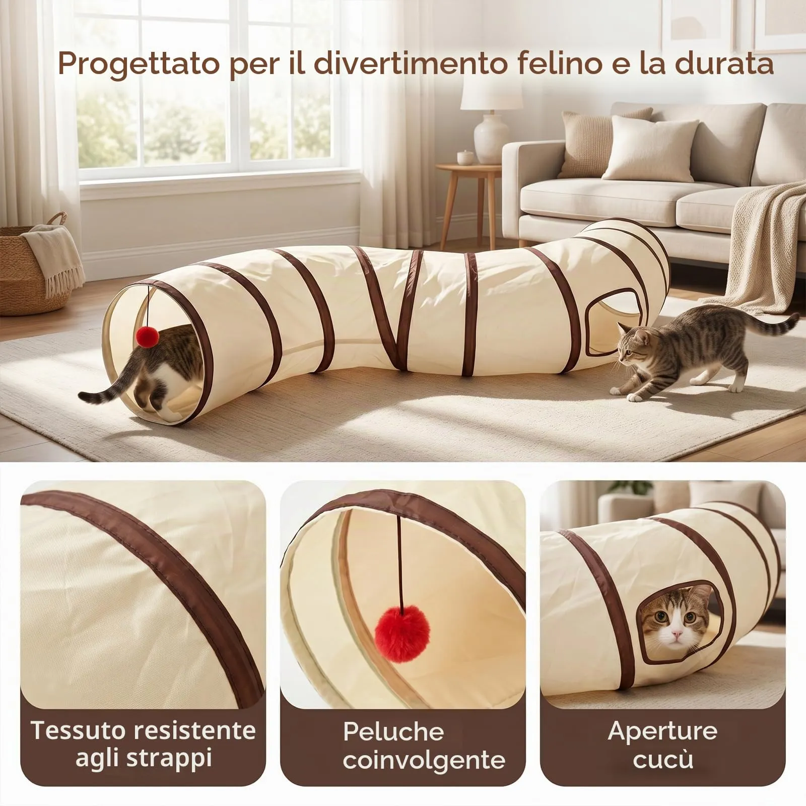 AMSGANK Giochi Tunnel per Gatti a 2 Vie, Giocattolo Interattivo per Gatto Tubo a Tunnel Pieghevole per Gatti, Cuccioli, Conigli, Porcellini D'India (123 x 25 cm) - immagine 4