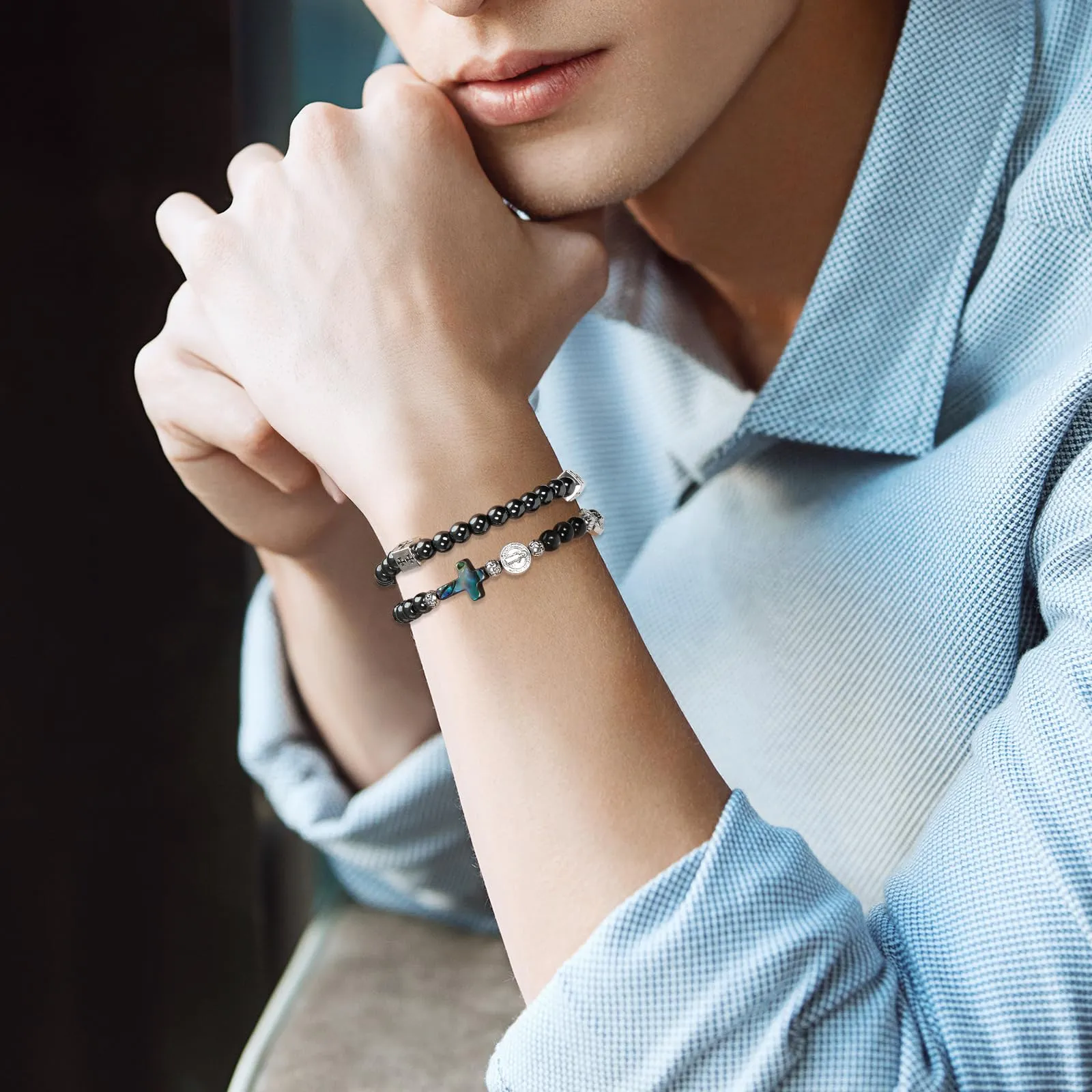 SHIEAGLELD Bracciale Rosario, Bracciale da Uomo in Ossidiana, Braccialetti Cattolica con Croce per Papà, Marito, Bambino, Nero con Medaglia di San Benedetto - immagine 4