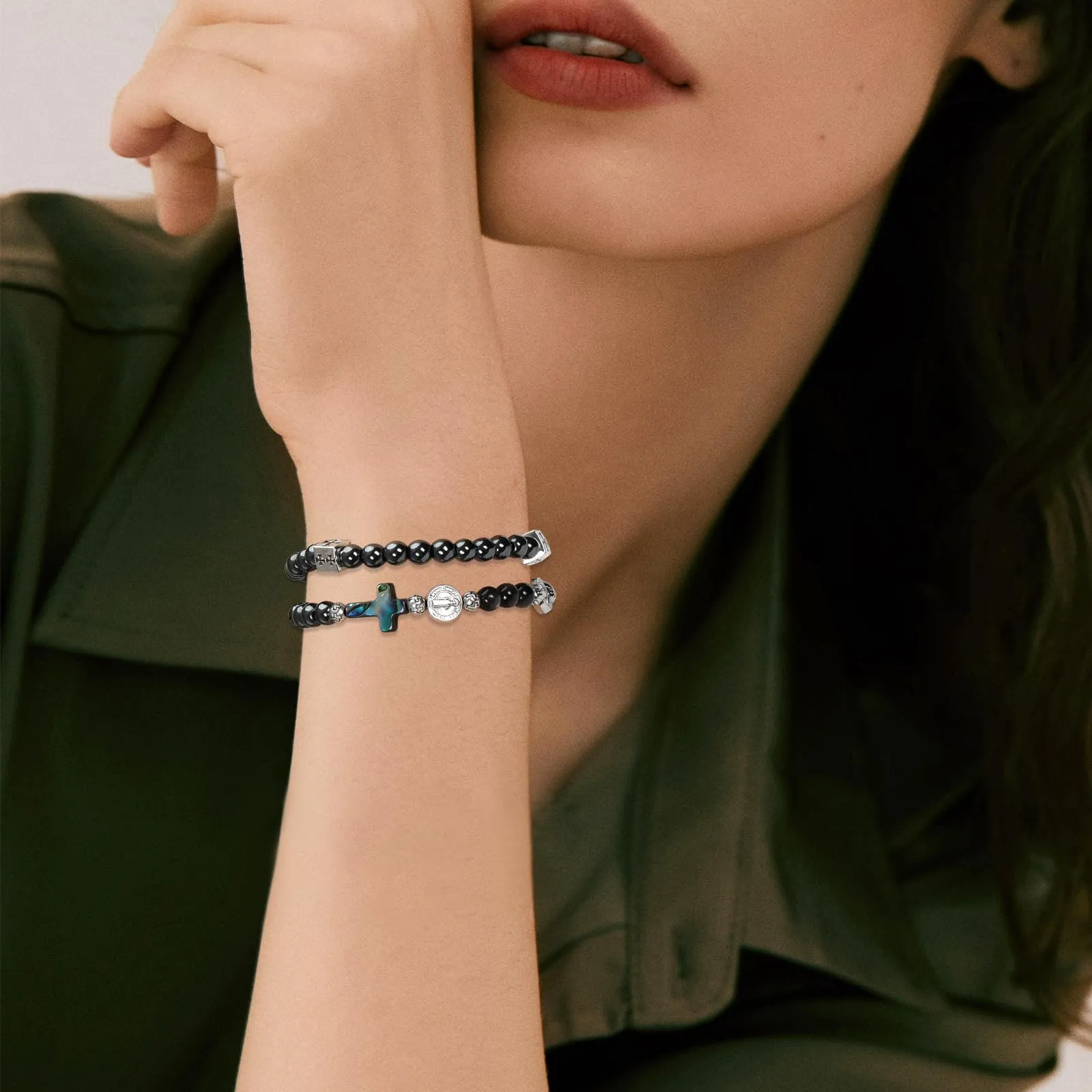 SHIEAGLELD Bracciale Rosario, Bracciale da Uomo in Ossidiana, Braccialetti Cattolica con Croce per Papà, Marito, Bambino, Nero con Medaglia di San Benedetto - immagine 5
