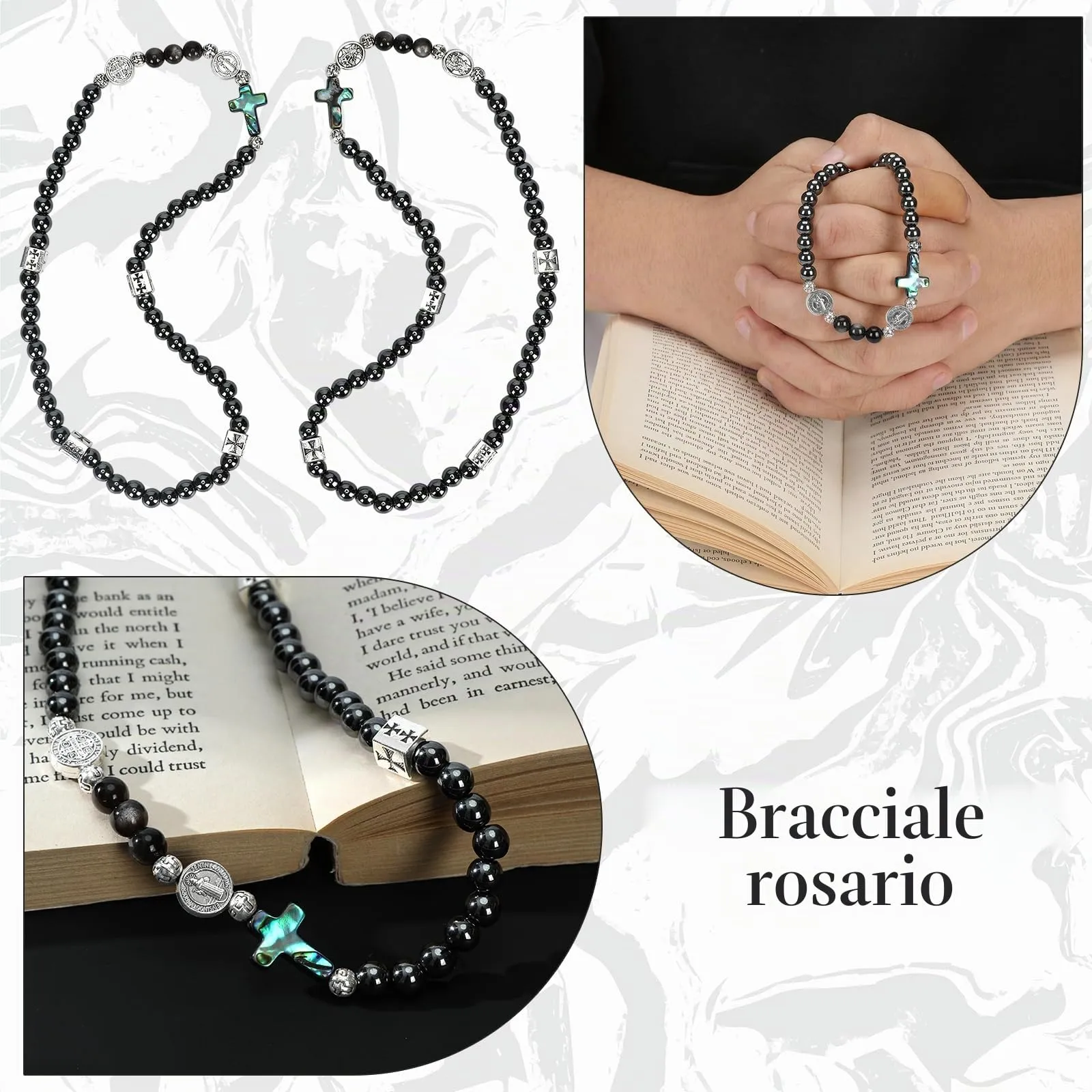 SHIEAGLELD Bracciale Rosario, Bracciale da Uomo in Ossidiana, Braccialetti Cattolica con Croce per Papà, Marito, Bambino, Nero con Medaglia di San Benedetto - immagine 6